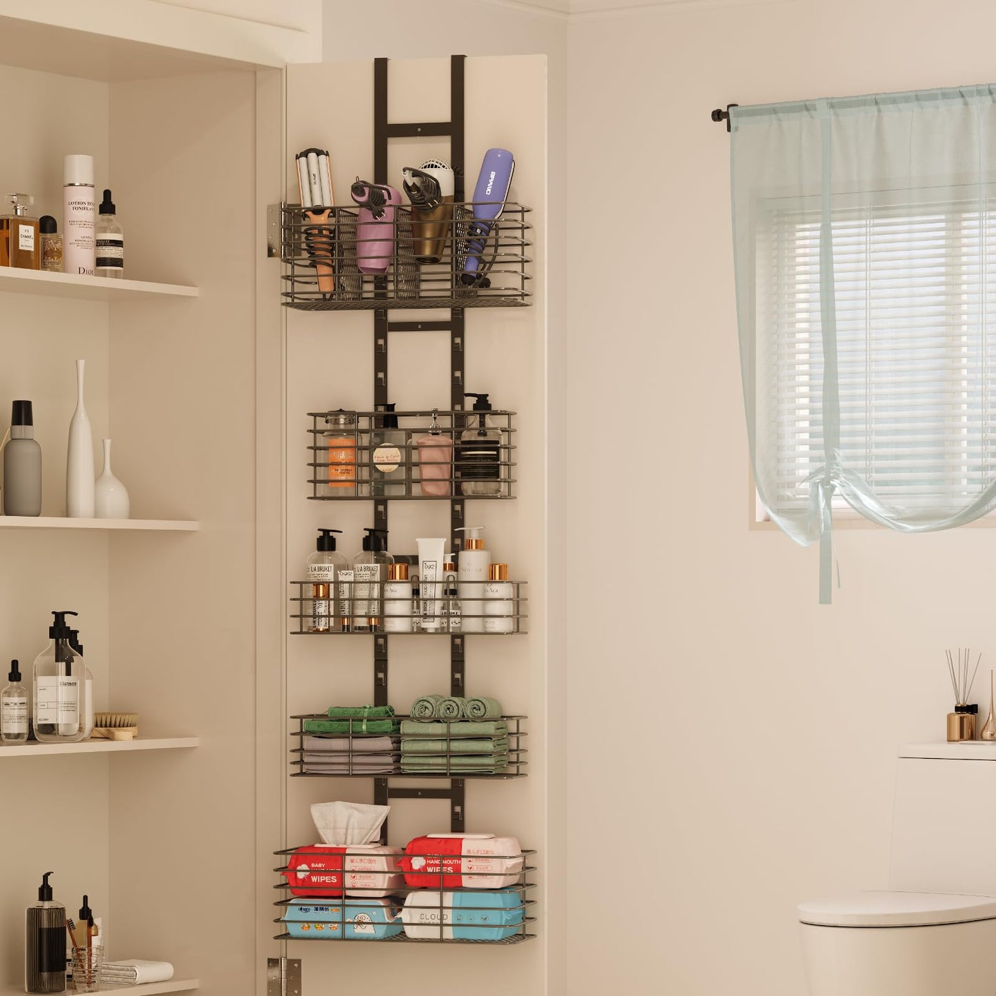 Yuyetuyo 5-Tier Over The Door Bathroom Organizer - Hair Dryer Holder - Hair Tool Organizer Adjustable Height, DIY Bathroom Storage Shelf Wall Mounted for Flat/Curling Irons, Straighteners, Skincare