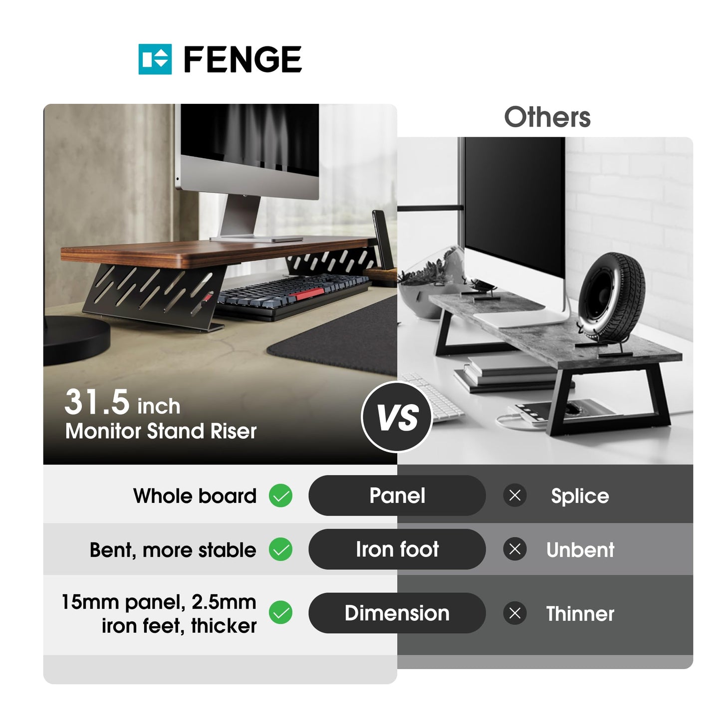 Fenge Monitor Stand Riser, 31.5 Inch Desk Top Shelf for 2 Monitors, Computer Stands for Desk, Wood & Steel Desktop Riser for Laptop, PC, Printer