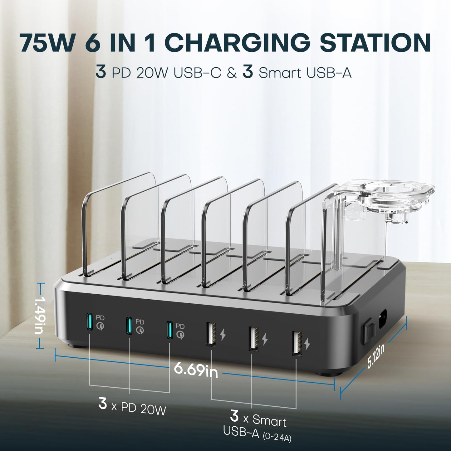 Charging Station for Multiple Devices,75W 6 Port USB C Fast Charger Station with 3 20W PD USB C,7 Charging Cables Included,USB C harging Dock for iPhone 16/15/14/13,iPad,Galaxy Tablets