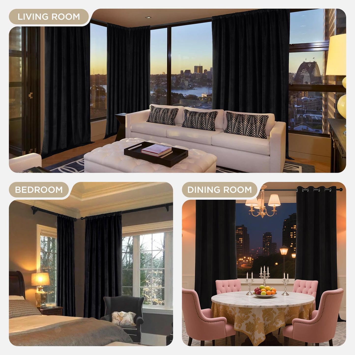 Joydeco Black 100% Blackout Curtains 96 Inch 2 Panels, Luxury Thermal Insulated Black Velvet Curtains for Bedroom Living Room, Soundproof Blackout Window Drapes, Rod Pocket & Back Tab (52W x 96L)