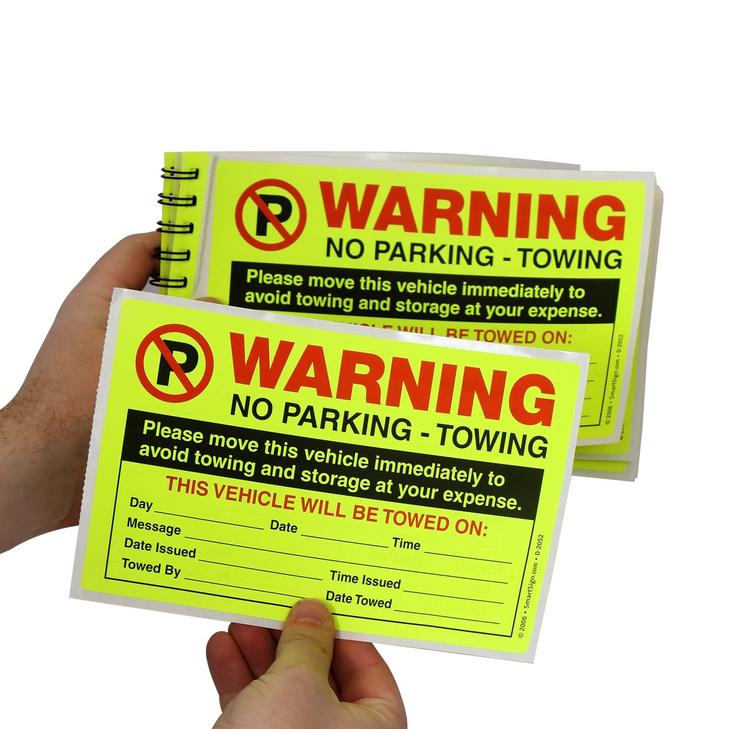 SmartSign Warning Parking Violation Stickers, Book of 50 Stickers, 5" x 8", Move Vehicle Immediately to Avoid Towing Sticker, Hard to Remove Write-On Tickets, Fluorescent Yellow