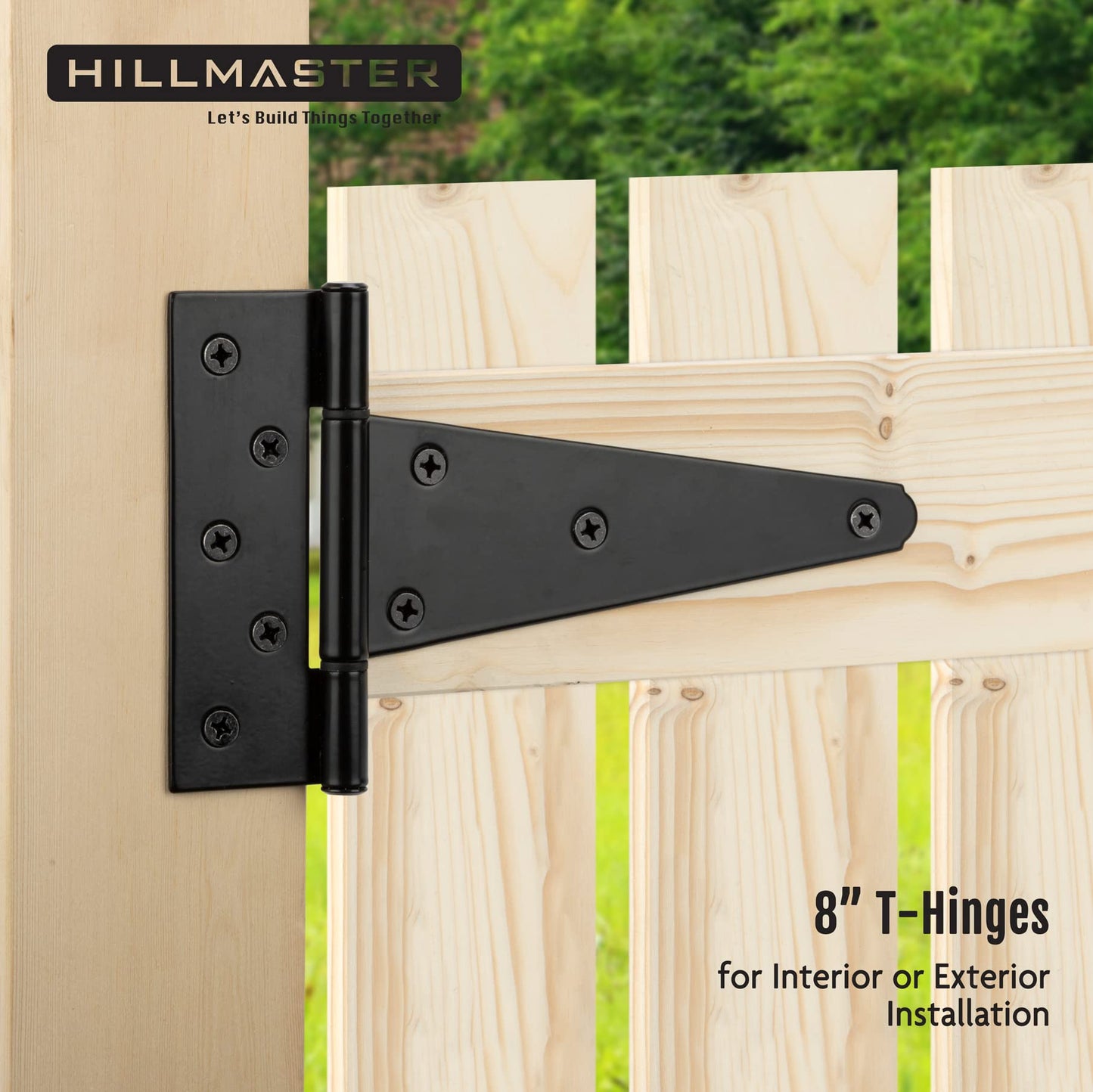 HILLMASTER 8 Inch T-Strap Heavy Duty Shed Door Hinges Gate Strap Hinges Black Tee Hinge Wrought Hardware for Wooden Fences,Yard,Barn Door,Rustproof (6 Pack)
