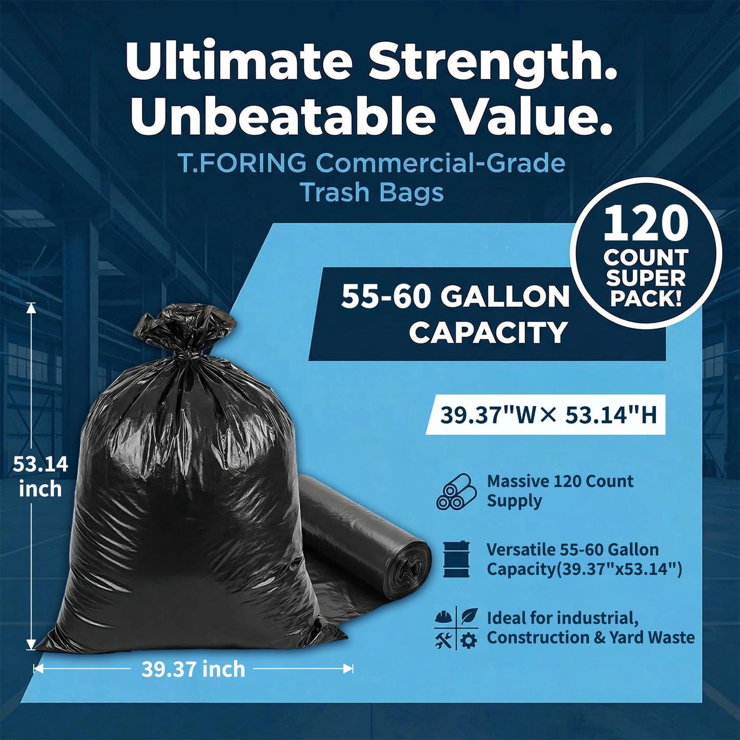 T.FORING 55-60 Gallon Black Trash Bags 120 Count - 40''x53'' Extra Large 50+ Gallon Garbage Bags,Unscented Strong Huge Can Liners for Construction Industrial Yard Outdoor Commercial