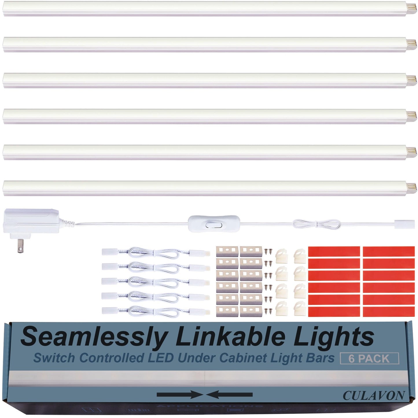 CULAVON Under Cabinet Lights, Plug in, Seamlessly Linkable 12 Inch, 6 Bars+Switch+Extensions, Under Counter Lighting for Kitchen, Closet, Gun Safe, Shelf, Display Case, LED 5000k Daylight