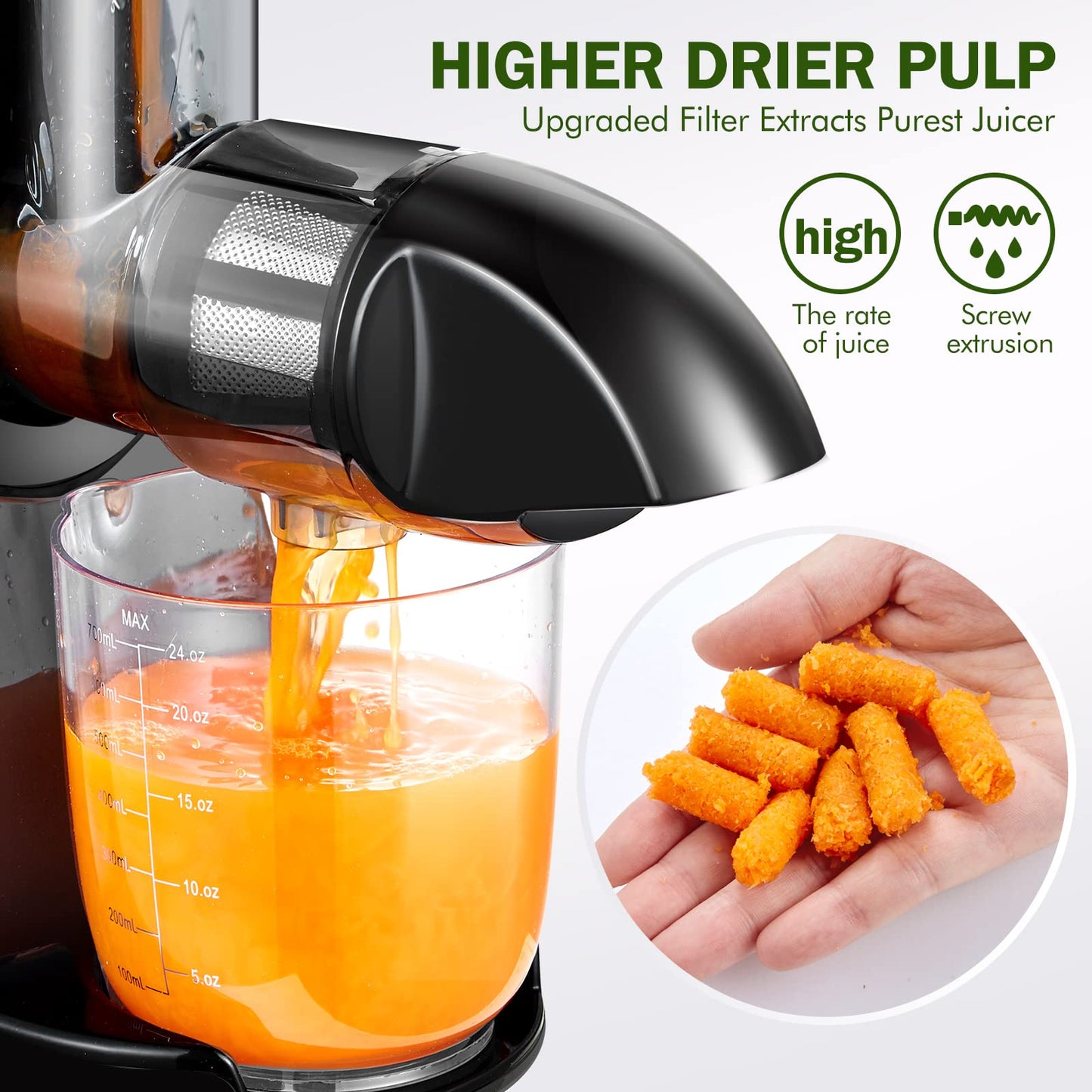 Cold Press Juicer Machines, AMZCHEF Slow Masticating Juicer with Reverse Function, High Juice Yield, Easy Clean with Brush, Recipes for High Nutrient Fruits and Vegetables, Black(Updated)