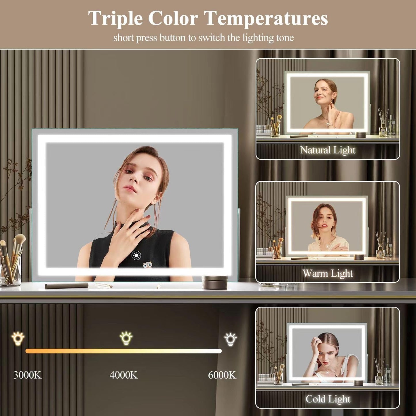 Gvnkvn Ligheted Vanity Mirror with Lights, 14" x 10" LED Makeup Mirror, 3 Modes Light, Smart Touch Control Dimmable, 360°Rotation, Rectangle White Frame