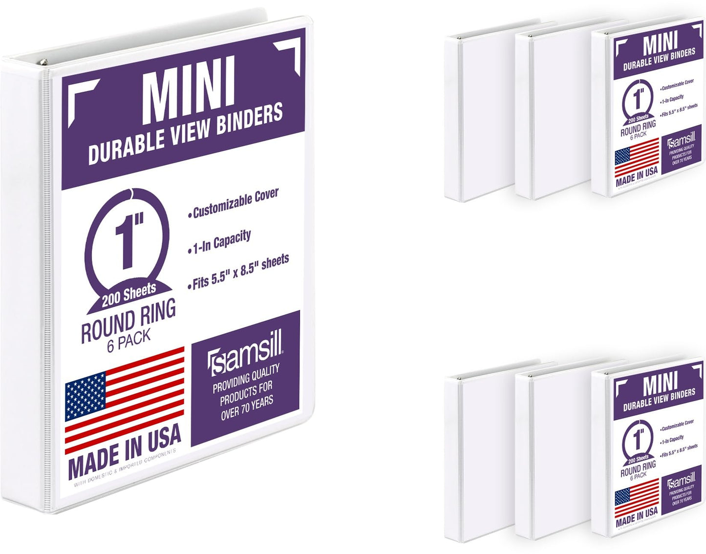 Samsill Economy 1 Inch Mini 3 Ring Binder, Round Ring Binder, Holds 5.5 x 8.5 Inch Documents, Customizable Cover, 1" View, 6-Pack, White