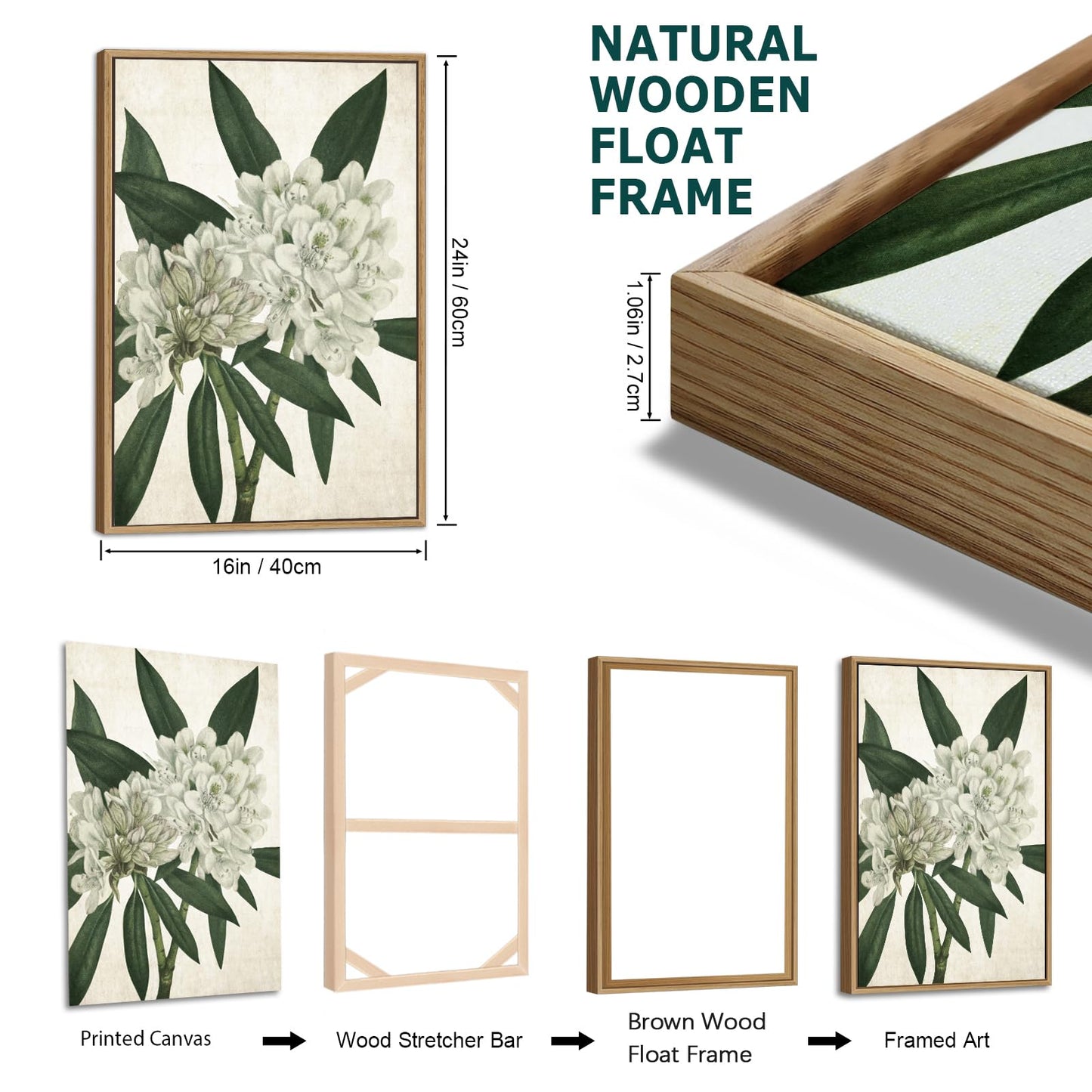 Large Framed Canvas Wall Art - Natural Float Framed White Flowers Green Leaves Pictures Decor Simple Botanical Plants Artwork for Living Room Bedroom Kitchen Home Office Decoration 48" X 24" Set of 3