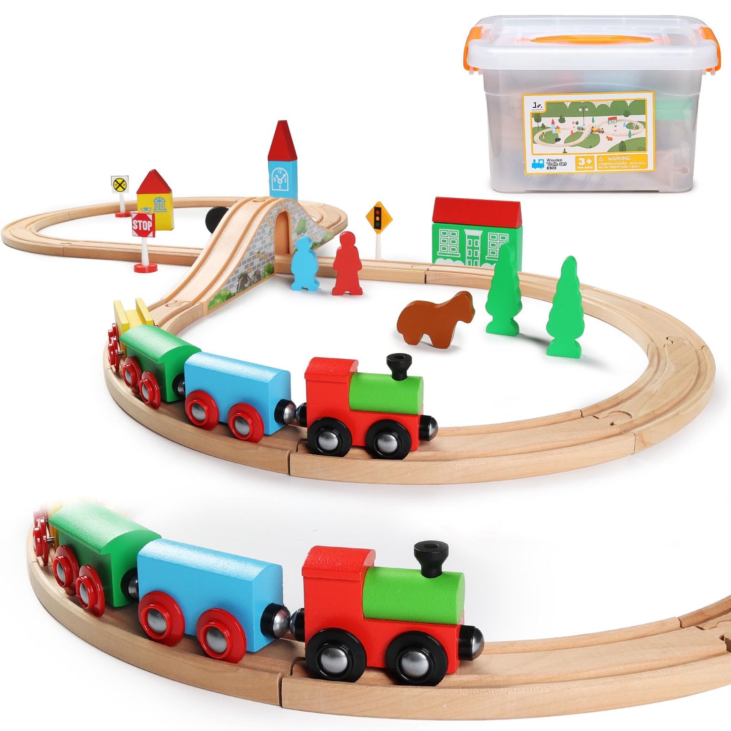 SainSmart Jr. Wooden Train Set for Toddler with Double-Side Train Tracks Fits Brio, Thomas, Melissa and Doug, Kids Wood Toy Train for 3,4,5 Year Old Boys and Girls (Small Town with Container)