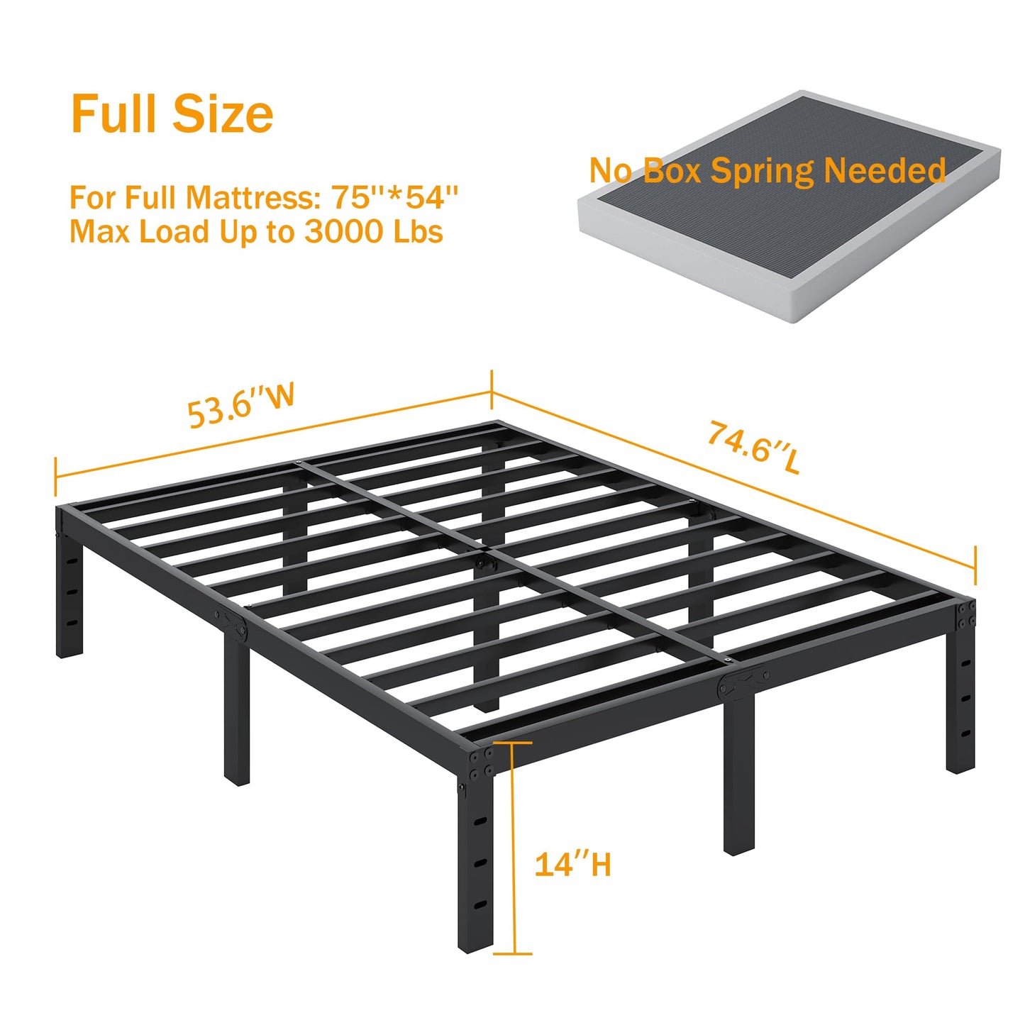 SHLAND Full Size Bed Frame, 14 Inch Heavy Duty Metal Platform Bed Frame No Box Spring Needed, Storage Space, No Noise, Easy Assembly