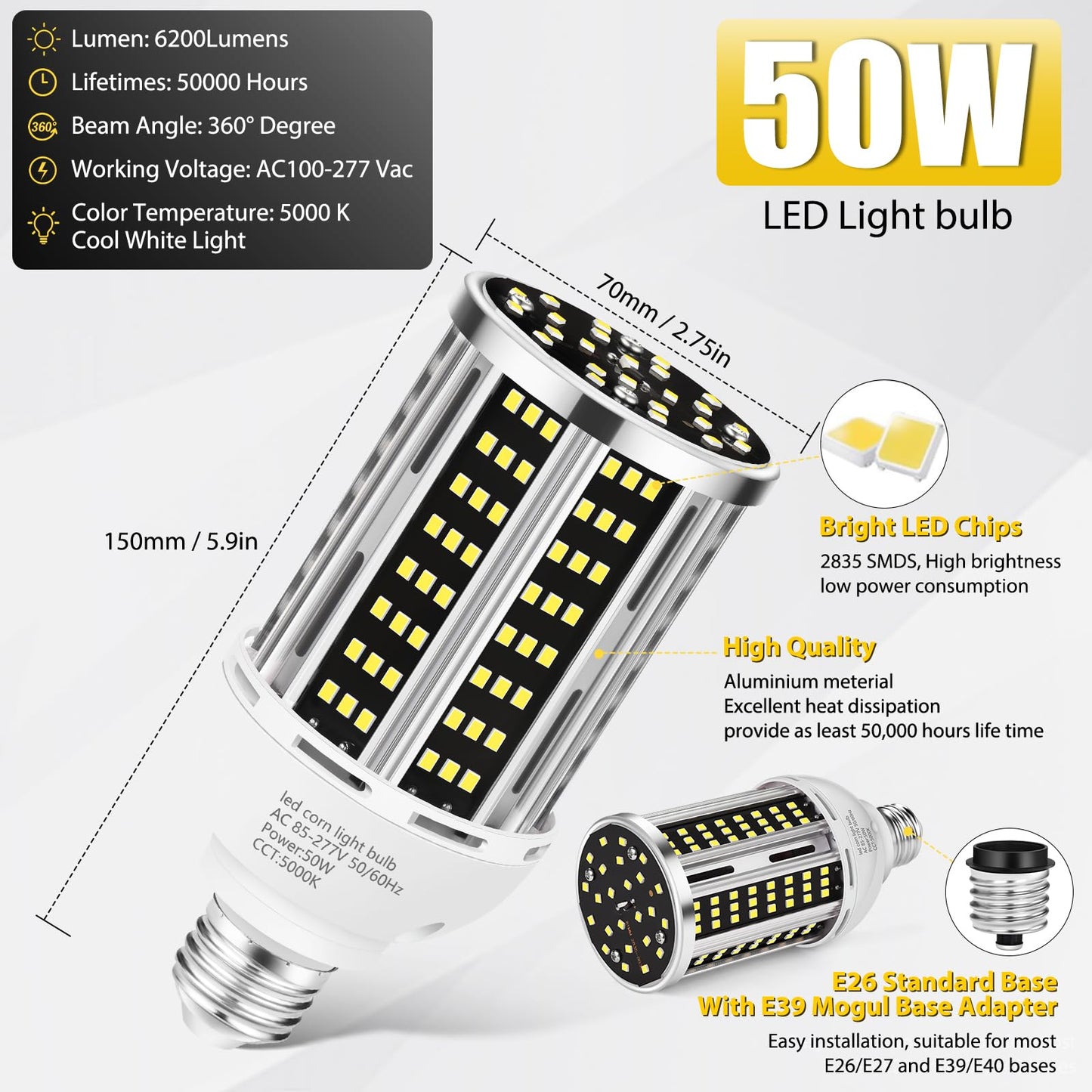 50W LED Corn Light Bulb(6 pack),5000K (500W Equivalent ) Commercial Grade Daylight E26/E39 6500LM Medium Mogul Base LED Lamp,Large Area Lights For Outdoor Indoor Garage Warehouse Factory Bay Light