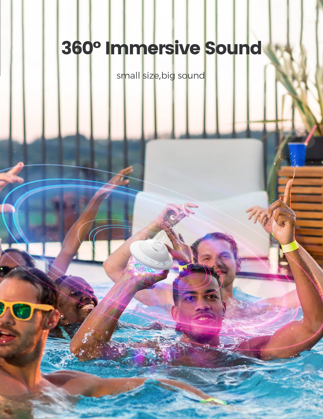Floating Pool Speakers with Colorful LED Lights, IPX7 Waterproof Hot Tub Bluetooth Speaker, 10W Stereo Loud Sound, Built-in Mic, Portable Wireless Speakers for Shower Bathtub Beach Outdoor Swim-White