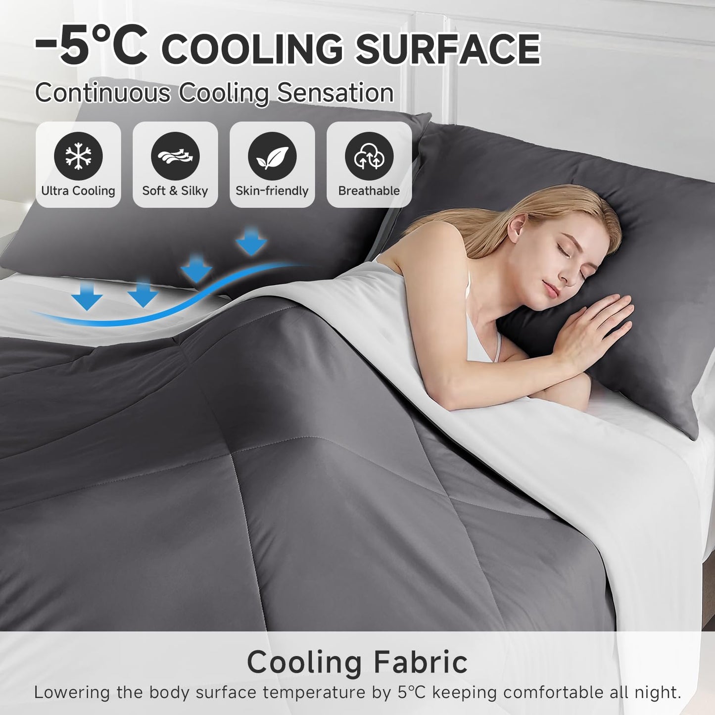 HOMFINE Cooling Comforter Twin Size, Grey Summer Cooling Blanket for Hot Sleepers and Night Sweats, Japanese Double-Sided Cold Tech Fabric Q-Max 0.45, Soft Breathable Silky Smooth Lightweight