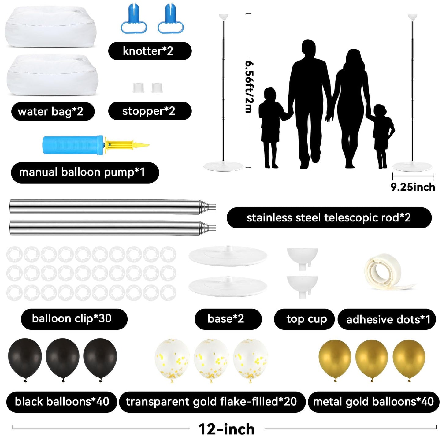 2 Set Black and Gold Balloons Column Stand Kit with 100 Balloons Adjustable Balloon Stand with Bases for Floor Black Gold Confetti Balloon Column Kit for Bridal Shower Valentine Birthday Party Decor