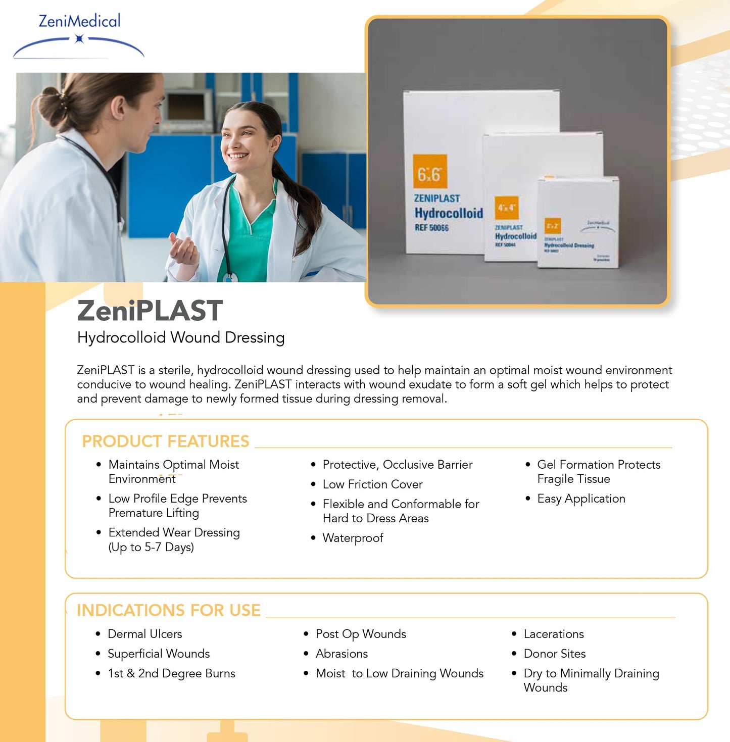 ZeniPlast (6" x 6") Hydrocolloid Dressing, Sterile Adhesive Patches, Waterproof Wound Dressing, Extended Wear, 10/Box