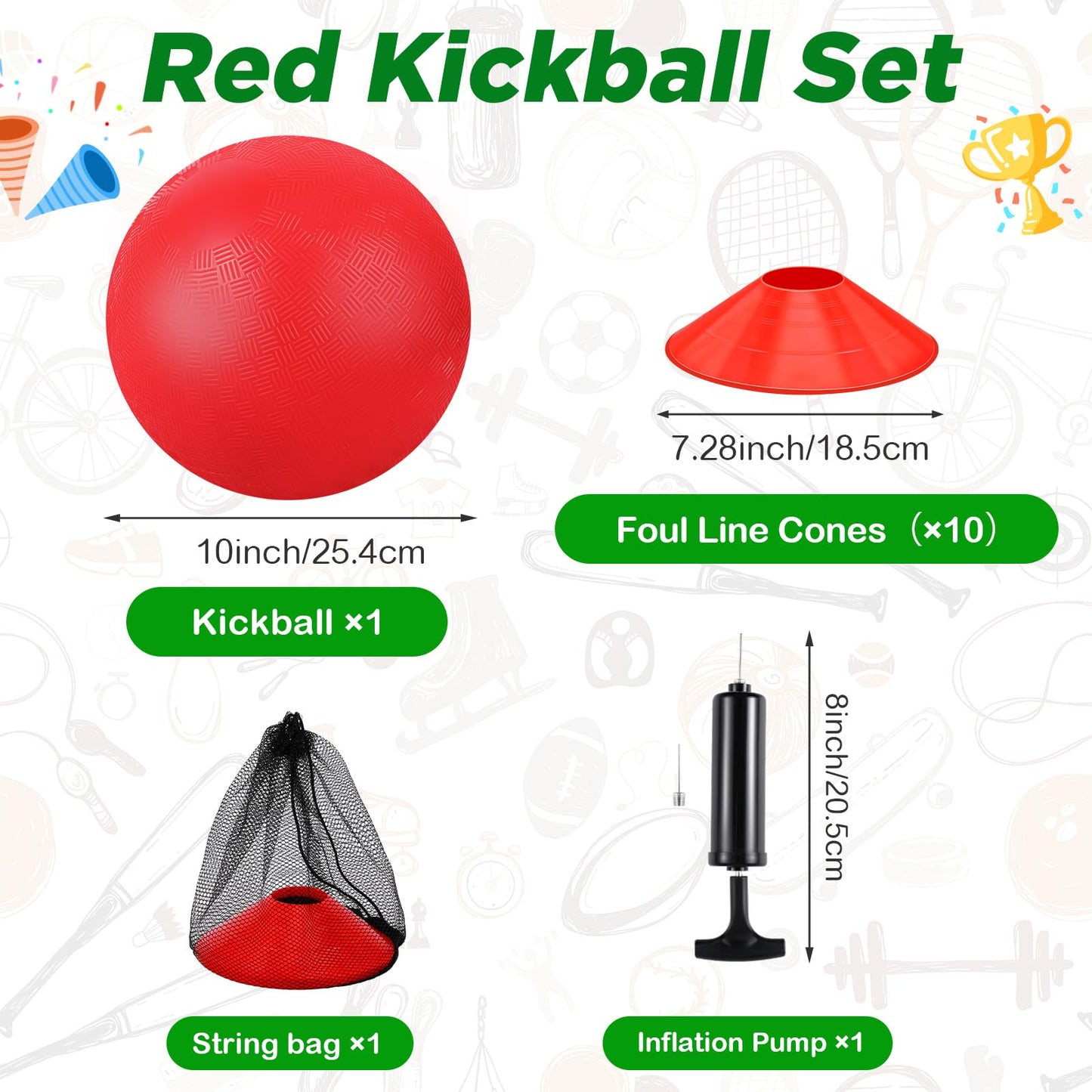Hiboom 16 Pcs Sports Kickball Set Includes 10 Inches Playground Ball 5 Rubber Throw Down Bases Ball Pump 10 Foul Line Cones for Kids Adults Playground School Backyard Game Camps Picnic (White)