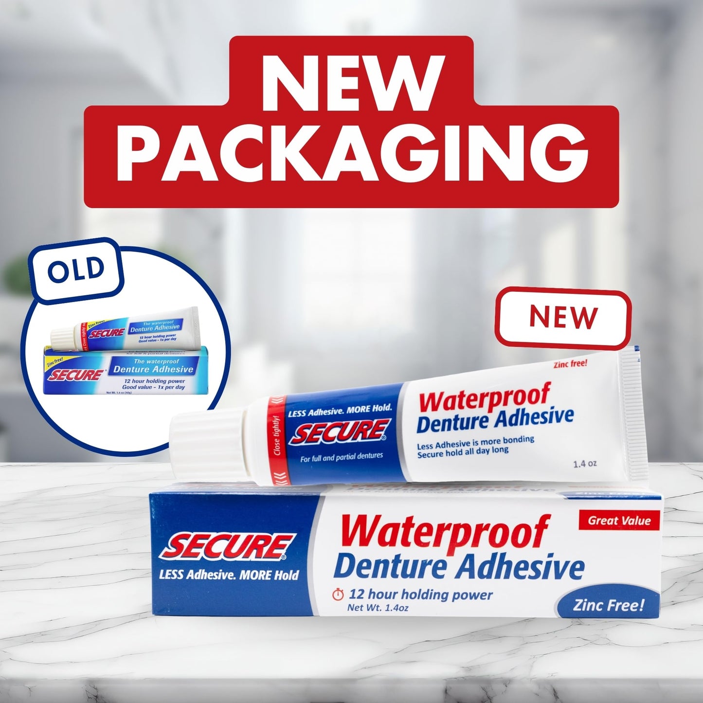 Secure Waterproof Denture Adhesive - Zinc Free - Extra Strong 12 Hour Hold - 1.4 oz (Pack of 4)