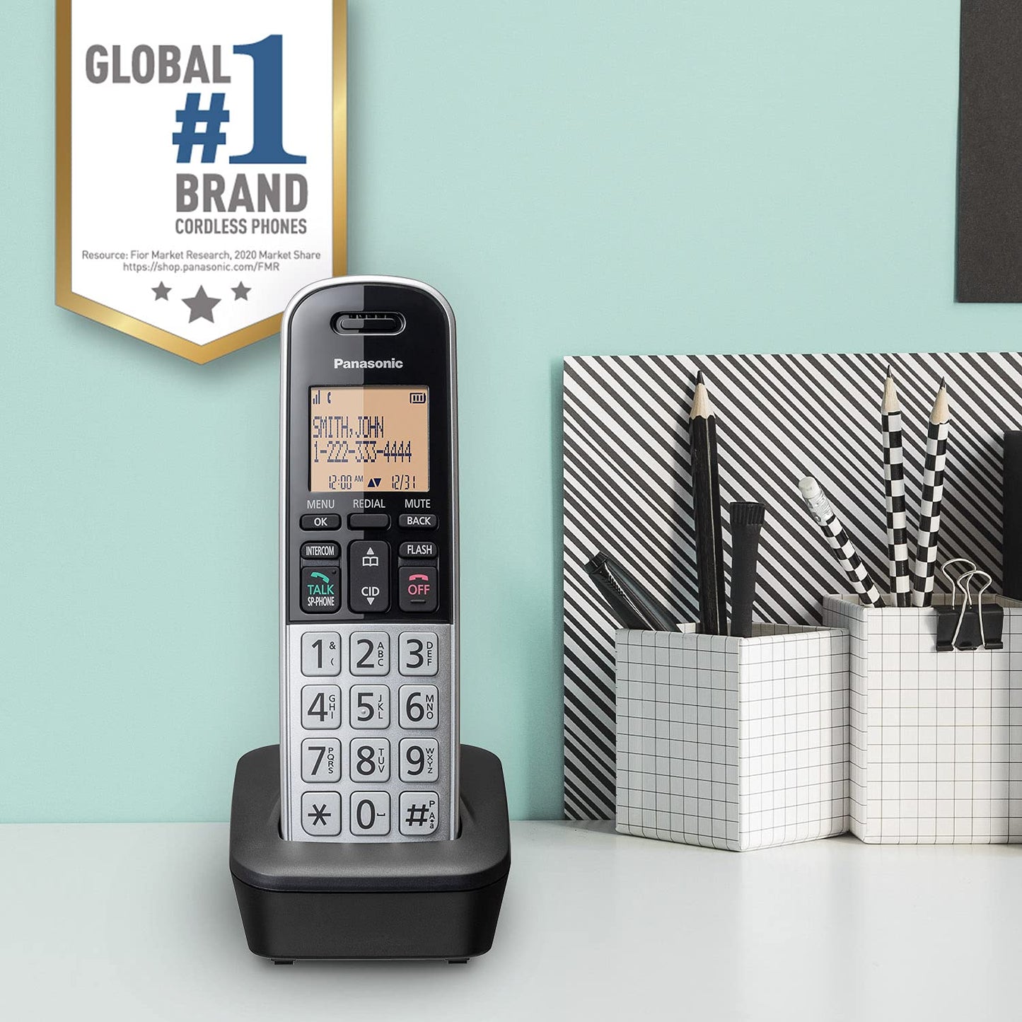Panasonic Compact Cordless Phone with DECT 6.0, 1.6" Amber LCD and Illuminated HS Keypad, Call Block, Caller ID, Multiple Display Languages - 2 Handset - KX-TGB812S (Black/Silver)
