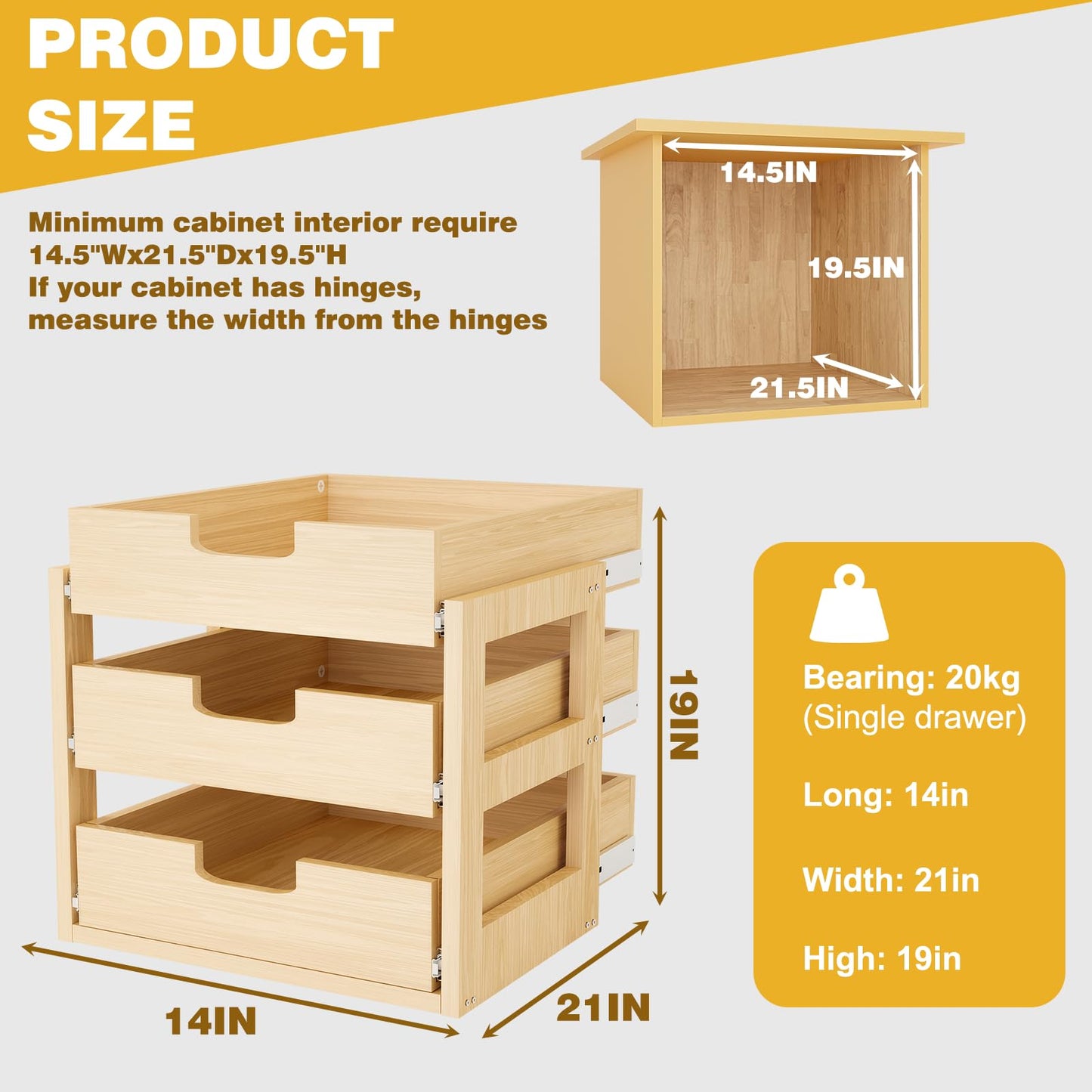 Pull Out Cabinet Organizer, 14''W×21''D×19''H Soft Close Slide Out Wooden Pull out Drawers, Three Tier Slide out Wood Cabinet Organizer, for Base Cabinet Organization in Kitchen, Pantry, Bathroom