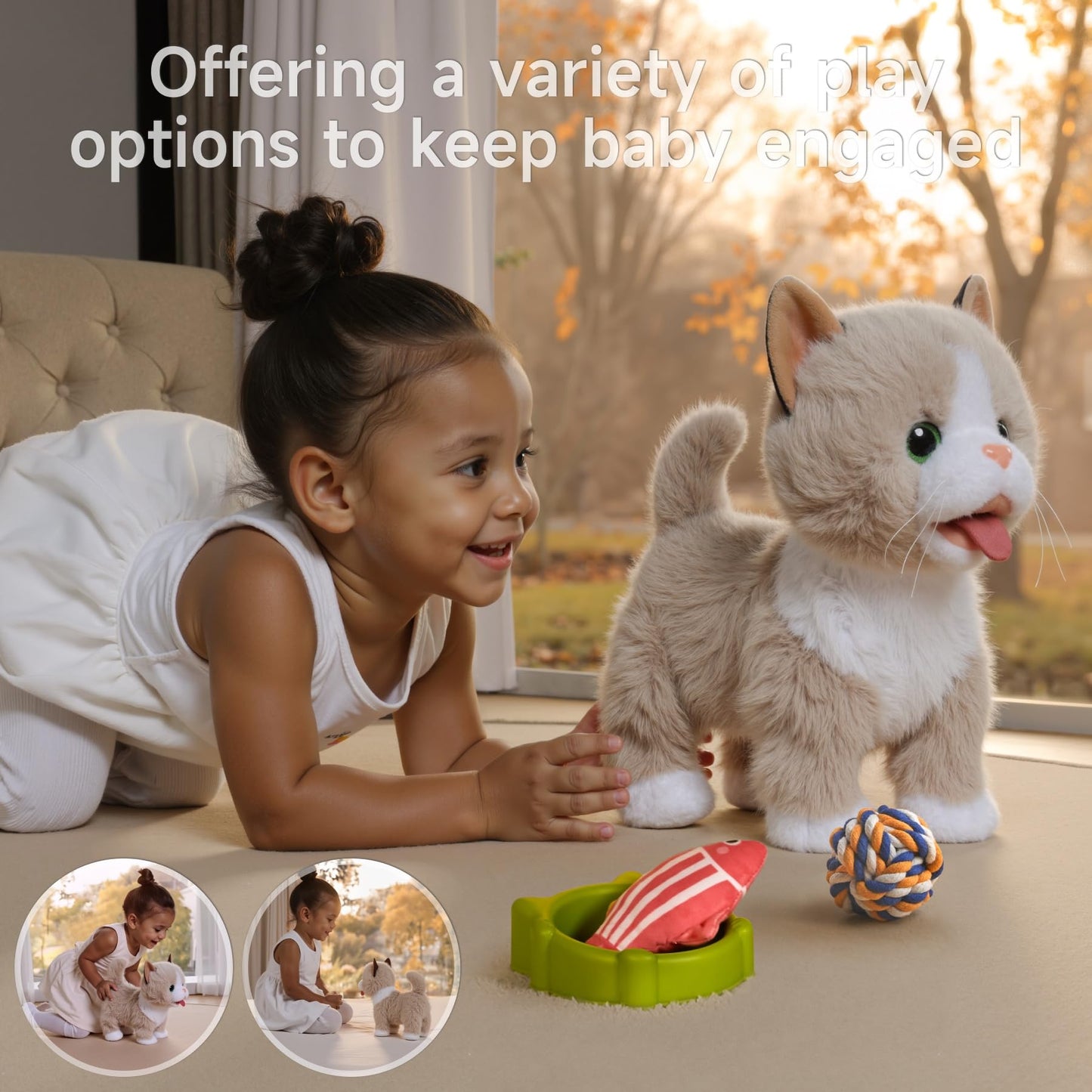 TUMAMA Walking Cat Set, Interactive Electronic Cats Plush Toy with Leash, Wag Tail, Sing, Meows, Pretend Dress Up Realistic Stuffed Cat Age 3 4 5+ Years Old Gift