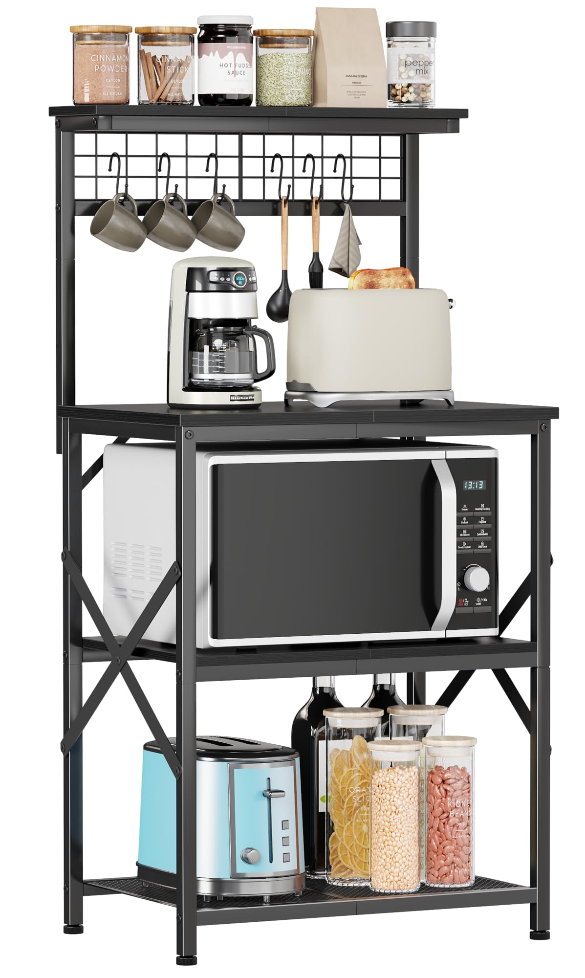 Furologee Kitchen Bakers Rack with Hutch, Coffee Bar Station 4 Tiers, Microwave Oven Stand with 6 S Hooks and Pegboard, Kitchen Microwave Rack for Spice Organizer Workstation, Black
