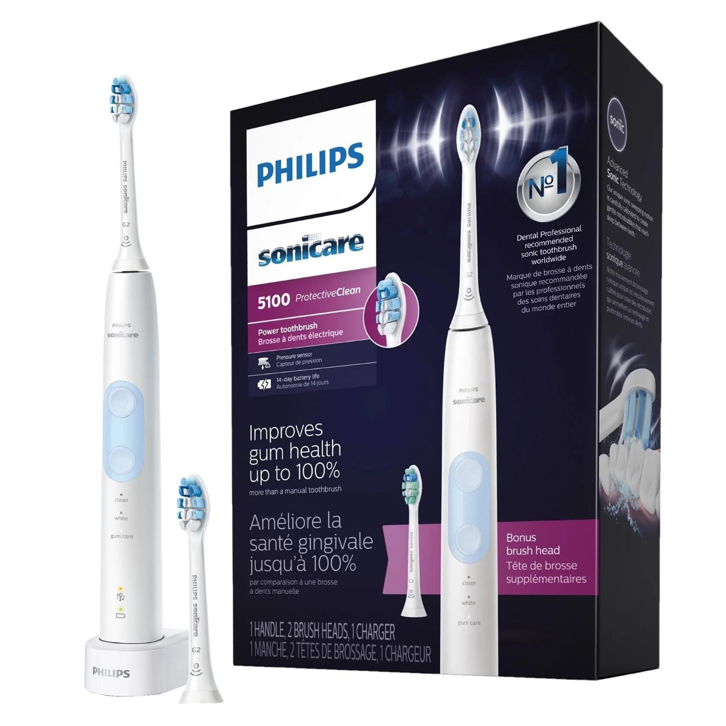 PHILIPS Sonicare ProtectiveClean Electric Toothbrush with Plaque Control Brush Head, Rechargeable Sonicare Toothbrush with Pressure Sensor, Phillips Sonic Toothbrush, Gum Health Brush Head