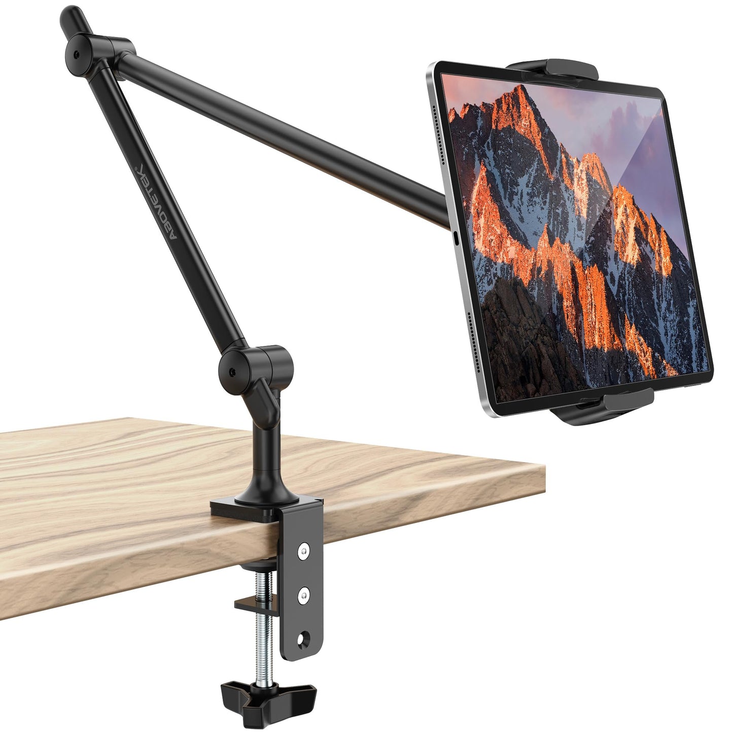 AboveTEK Tablet Stand Holder for Desk & Bed, Aluminum iPad Holder Arm with 360° Rotating Clamp, Adjustable Phone Stand Compatible with 4.7"-13.5" iPad Pro/Air/Mini, iPhone, Galaxy Tab- Black