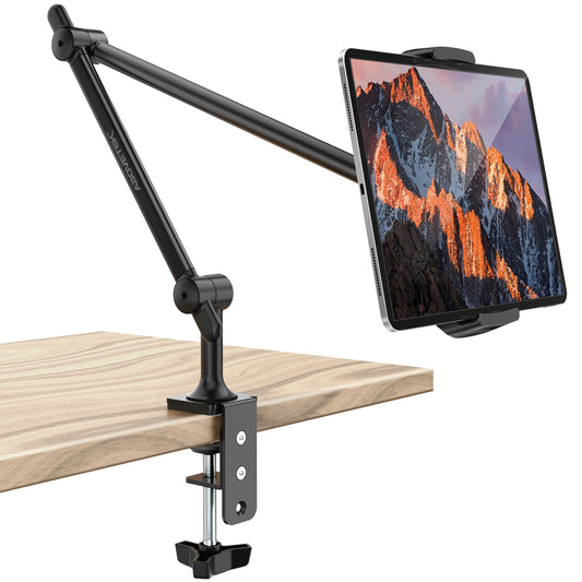 AboveTEK Tablet Stand Holder for Desk & Bed, Aluminum iPad Holder Arm with 360° Rotating Clamp, Adjustable Phone Stand Compatible with 4.7"-13.5" iPad Pro/Air/Mini, iPhone, Galaxy Tab- Black