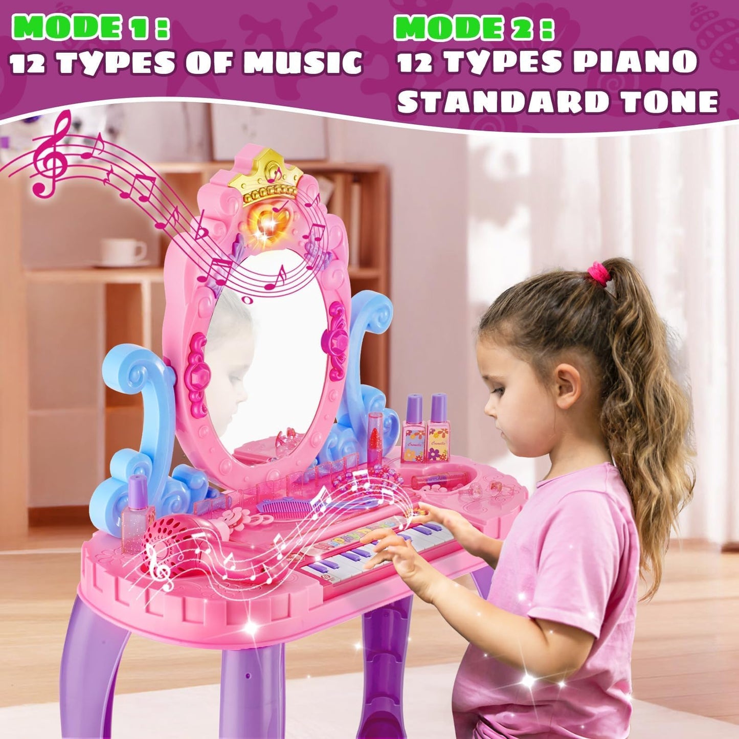 Vanity Makeup Table Toy for Kids, Toddler Girl Pretend Play Makeup Accessories- Princess Dress Up Set, Music Piano & Lights, Adjustable Mirror, Hairdryer, Mermaid Table & Chair Kit, Birthday Gift