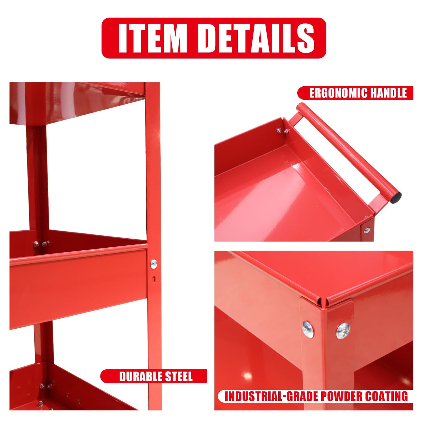 Torin APTC302B Steel Tool Service Push Cart with 3 Shelves and 200 lb Capacity, Red
