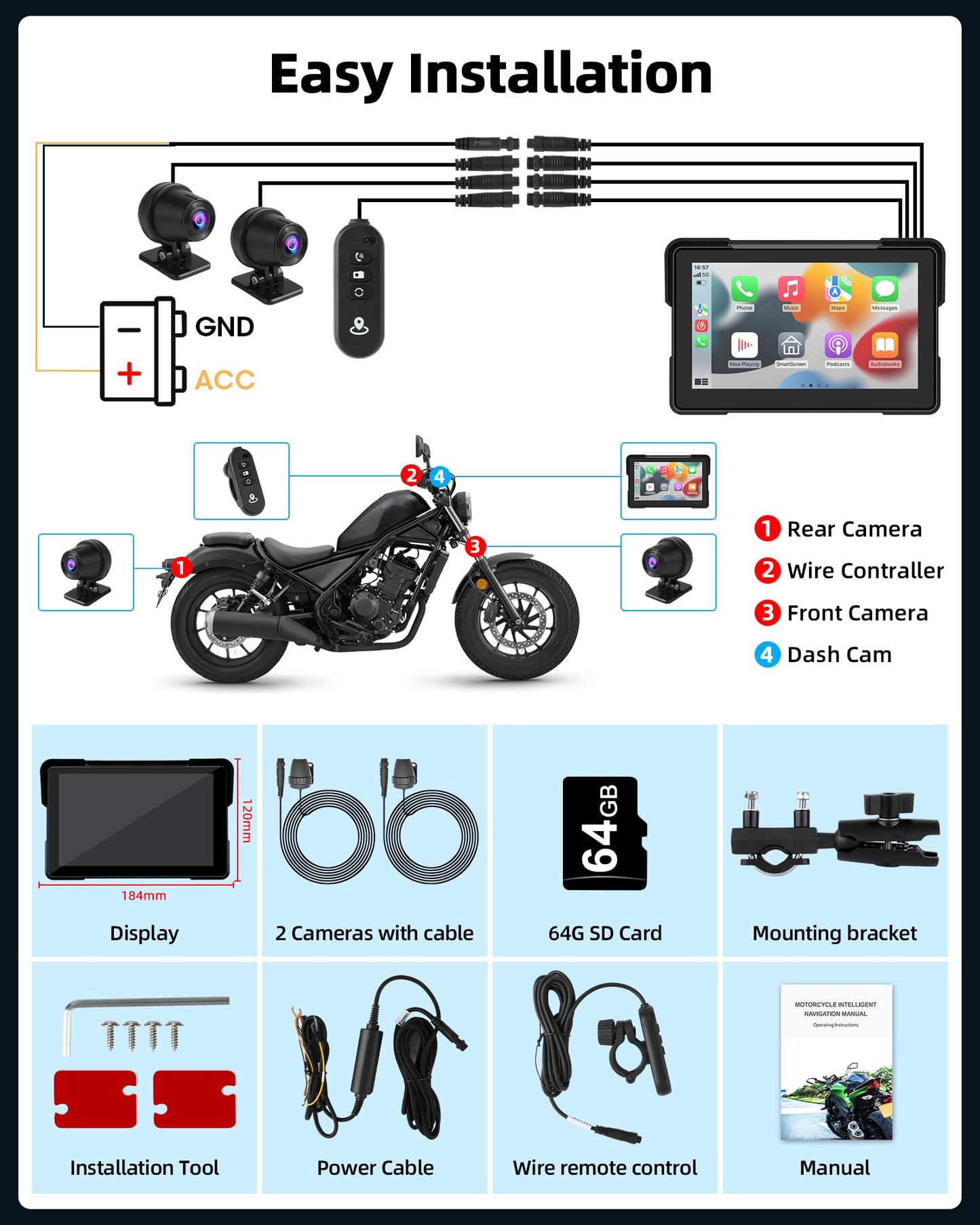 7 inch Motorcycle CarPlay Motorcycle w Dual 2K Dash Cam Wireless Carplay Android Auto Screen for Moto with GPS Navigation for Motorbike Voice Control Light Sensor Bluetooth TF-64G Waterproof