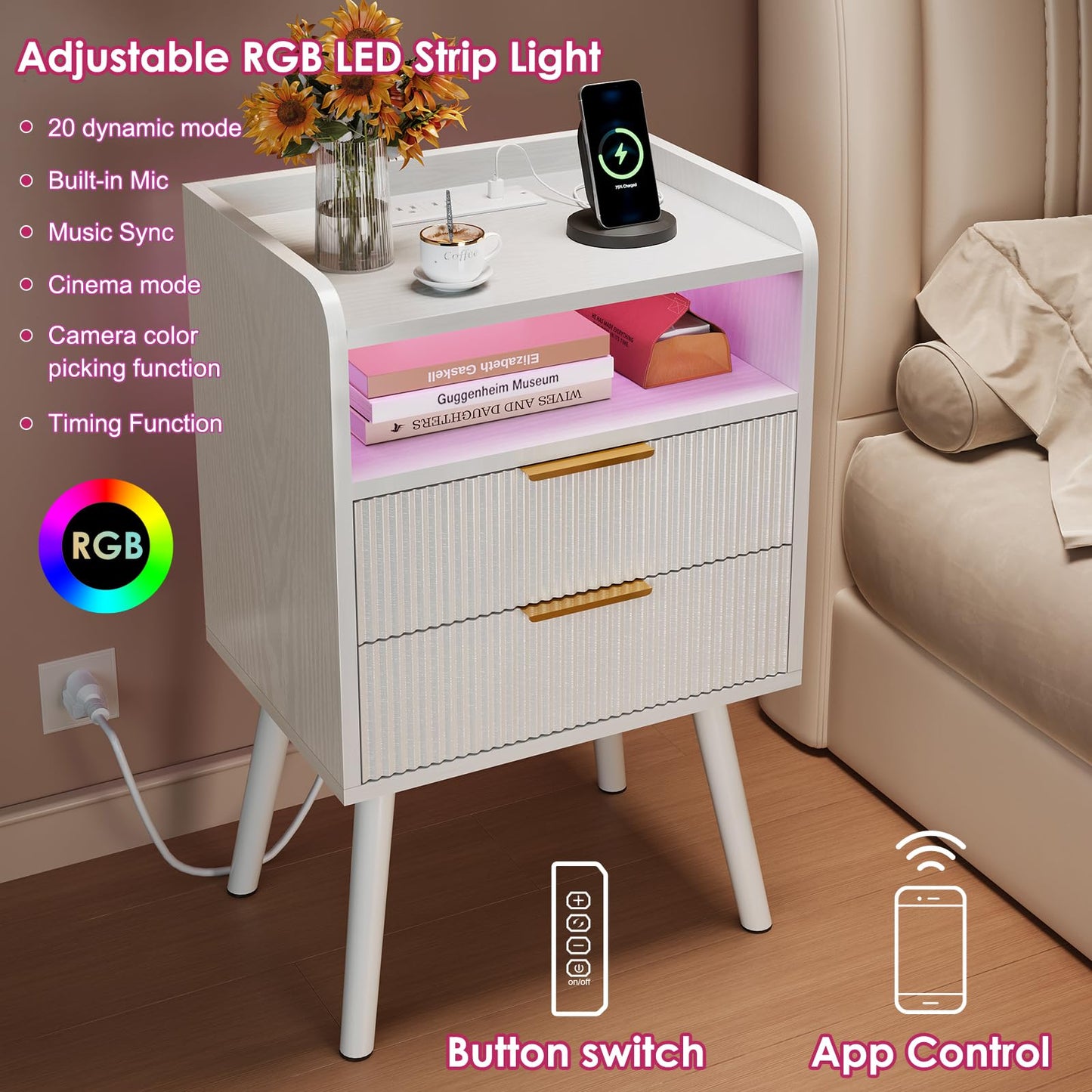 Fixwal White Fluted Nightstand with Charging Station, LED Night Stand with 2 Wood Drawers for Bedroom, Modern Bedside Table, 15.7 x 11.8 x 25.6in