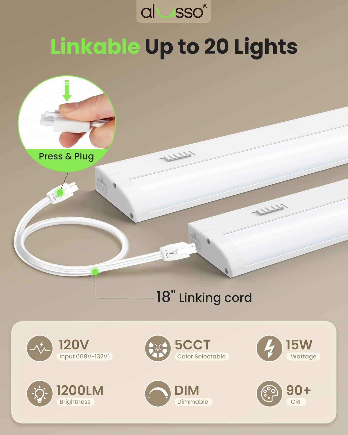 ALUSSO 24 Inch LED Under Cabinet Lighting Hardwired 120V, 5CCT Color Selectable 2700K-5000K Dimmable 15W 1200LM High Brightness, CRI 90+ Strip Linkable Under Counter Lights for Kitchen Sink, 1 Pack