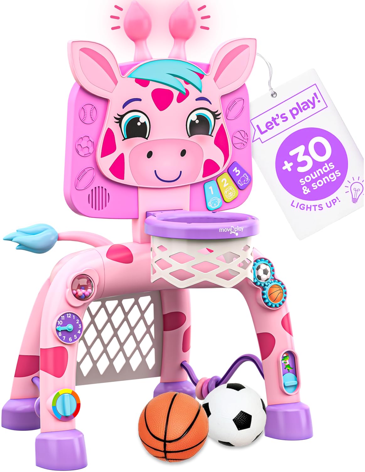 Move2Play, Giraffe Basketball Hoop & Soccer Goal Activity Center | 30+ Sounds & Lights | 1, 2, 3+ Year Old Birthday Present | 6, 12, 18, 24+ Month Toy for Baby, Toddler, Boys, & Girls