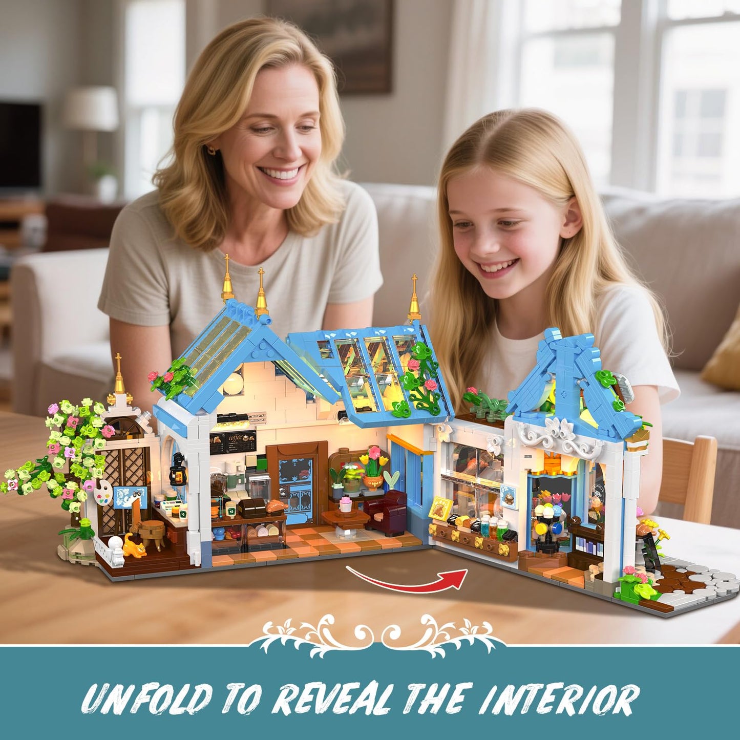 PLAXSOON Flower Café House Building Set with LED, 1520 PCS Botanical Coffee Architecture with Openable Design, Floral Bakery Construction Model for Home Decor, Gift for Adults Women Teens Girl Boy 12+