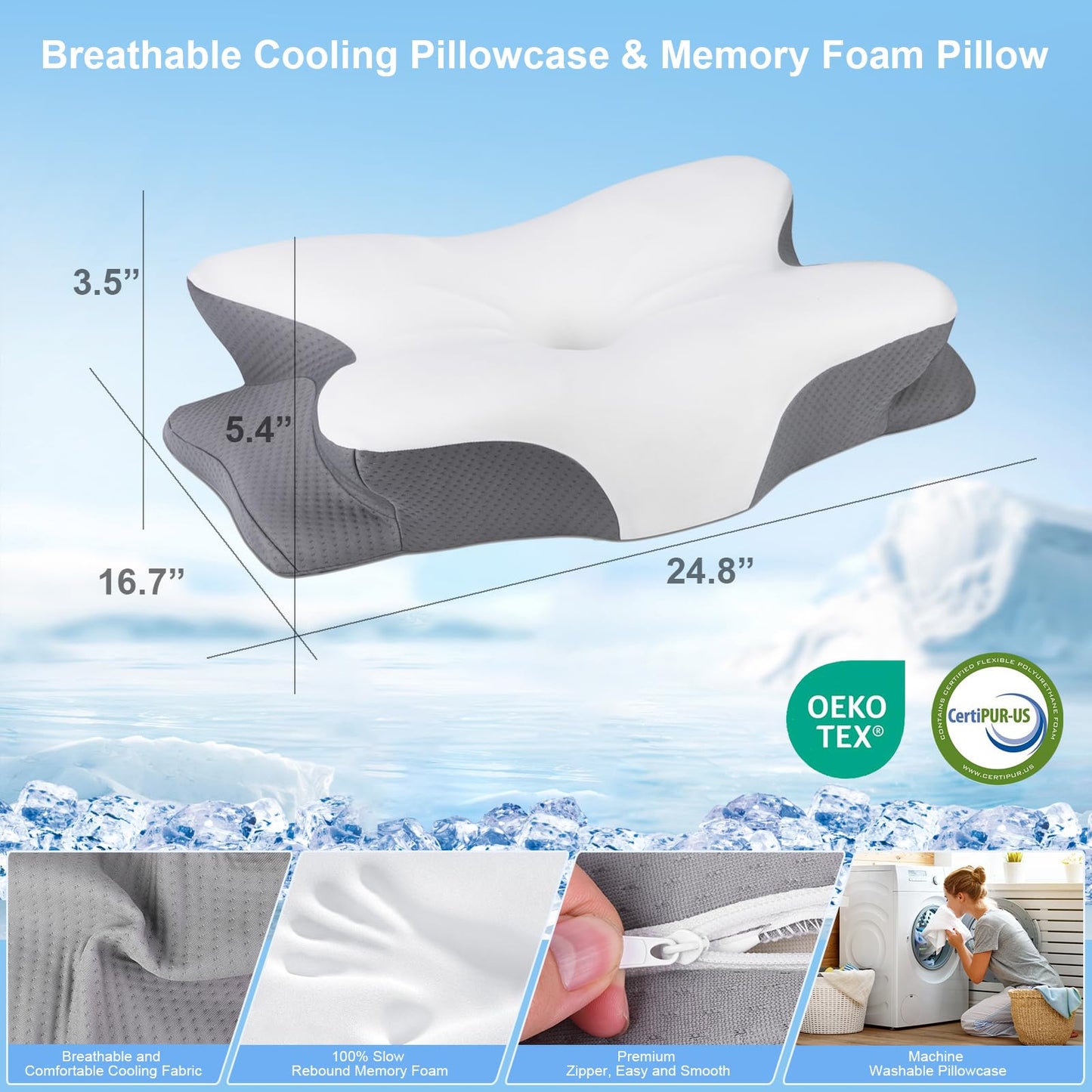 HBYGE Memory Foam Pillows, Ergonomic Pillow for Neck Pain Relief, Bed Pillow for Sleeping, Cervical Neck Pillow for Side, Back, Stomach Sleeper with Cool Pillowcase, Side Sleeper Pillows for Adults
