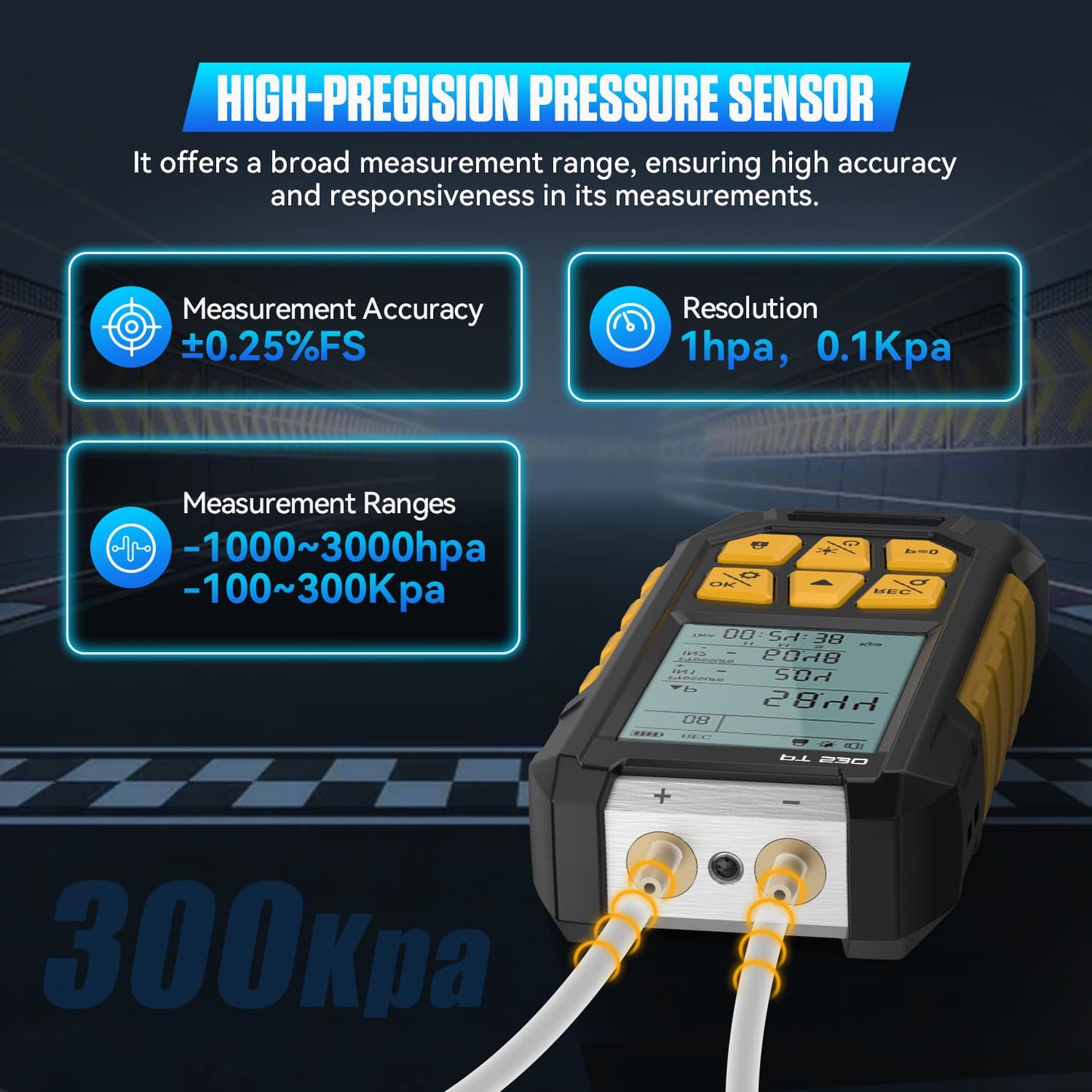 LINXINO PT530 Digital Manometer,Air and Gas Pressure Tester,Dual Differential Digital Manometer,-100 to 300 Kpa Measurement Range,10 Pressure Units,Data Locking,Storage and Flashlight