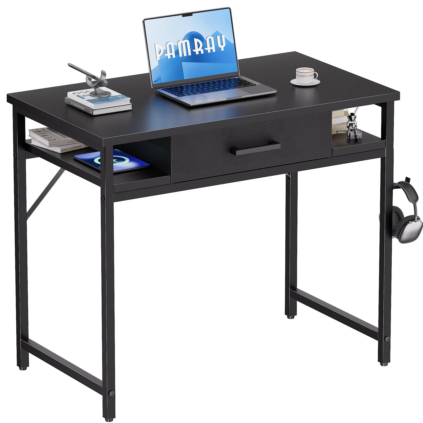 Pamray 32 Inch Small Computer Desk with Drawer and Shelves Simple Study Work Table for Bedroom Black