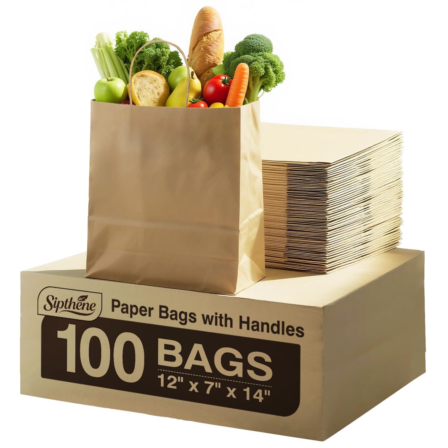 Sipthene Paper Grocery Bags with Handles (100 Pcs Bulk) 12x7x14 Inches, Large Brown Paper Bags 57 Lbs Basis - Heavy Duty Kraft Paper Sacks for Shopping, Retail, Takeout, To Go