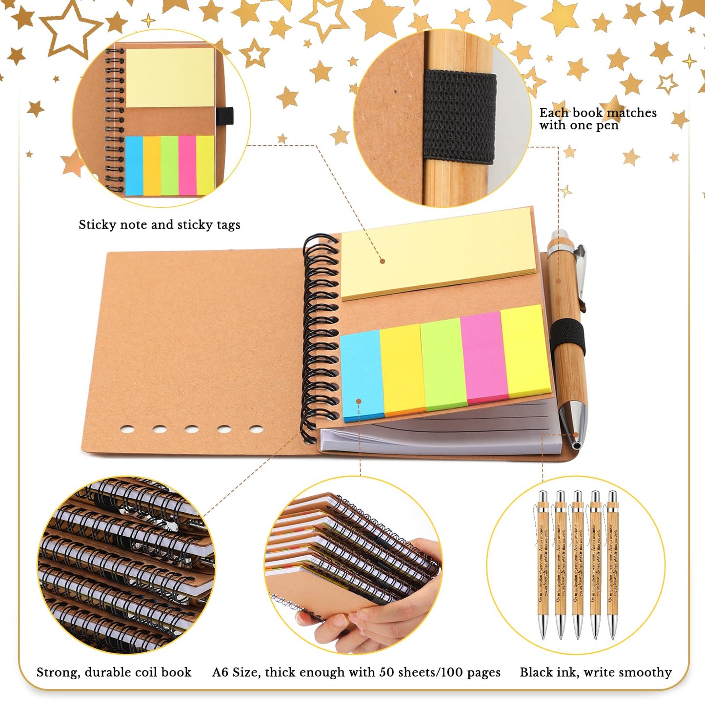 Dinifee 20 Set Graduation Gift Bulk 2026 Inspirational Spiral Kraft Notebook with Sticky Note Bamboo Ballpoint Pen Notepad for Graduation Party Favors Teacher Graduate