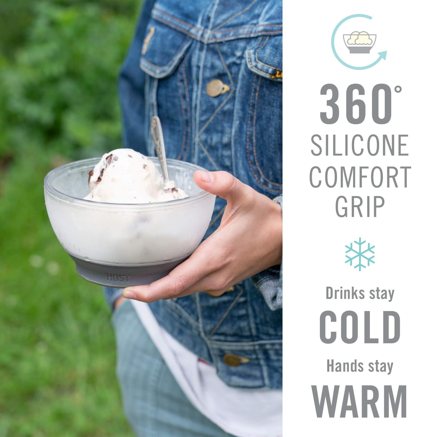 Host Freeze Ice Cream Bowls with Comfort Silicone Grip, Double Walled Insulated Bowl for Cereal, Fruit, Acai, Desserts, Outdoor Party, Kitchen Accessories, 18 oz Set of 2, Grey