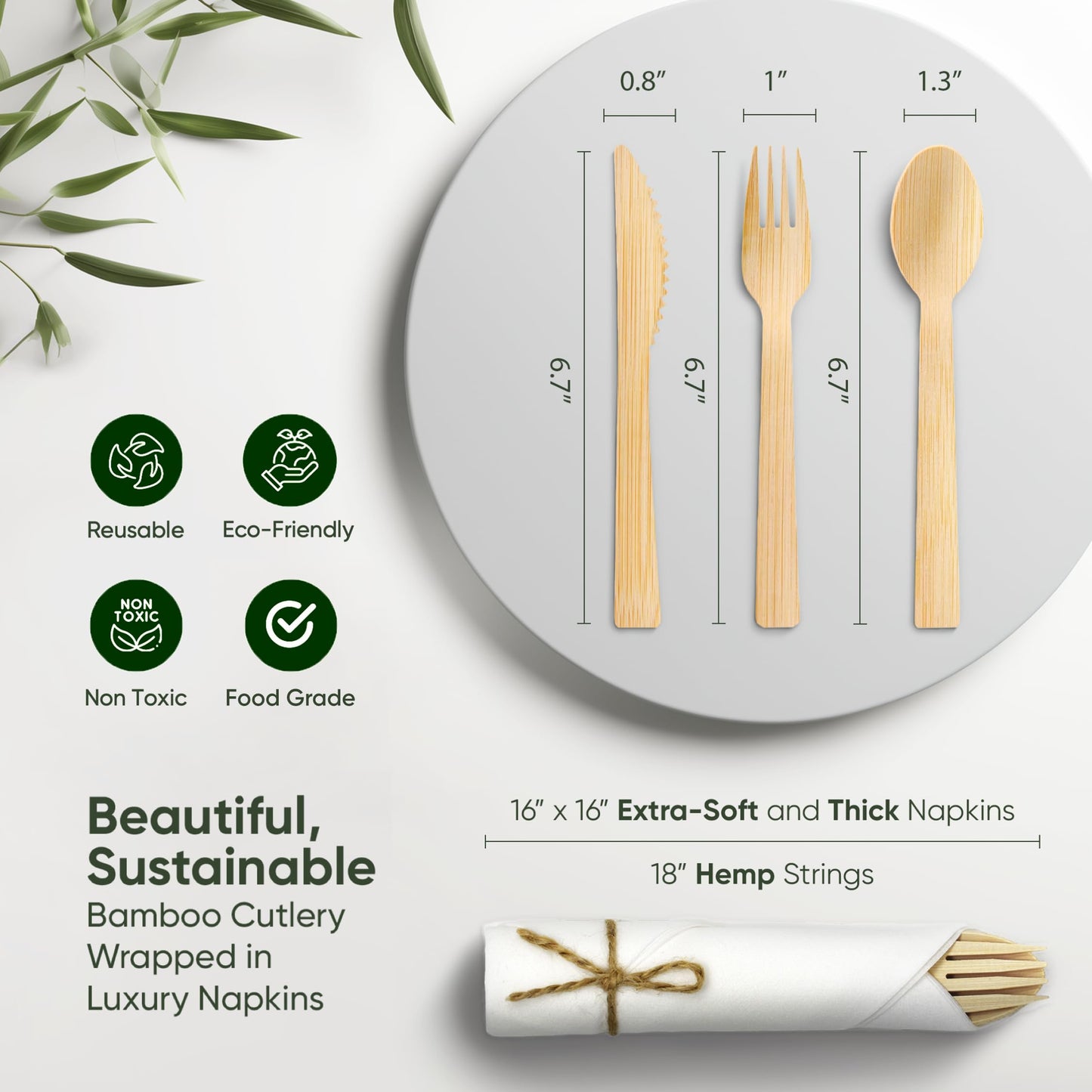 EcoPreps Premium Pre-Rolled Napkin and Bamboo Cutlery Set (50 Pack, 200 PCS) 100% Biodegradable, Eco-Friendly, Disposable Wrapped Cutlery - Includes Pre-Wrapped Bamboo Forks, Knives, Spoons, & Napkins