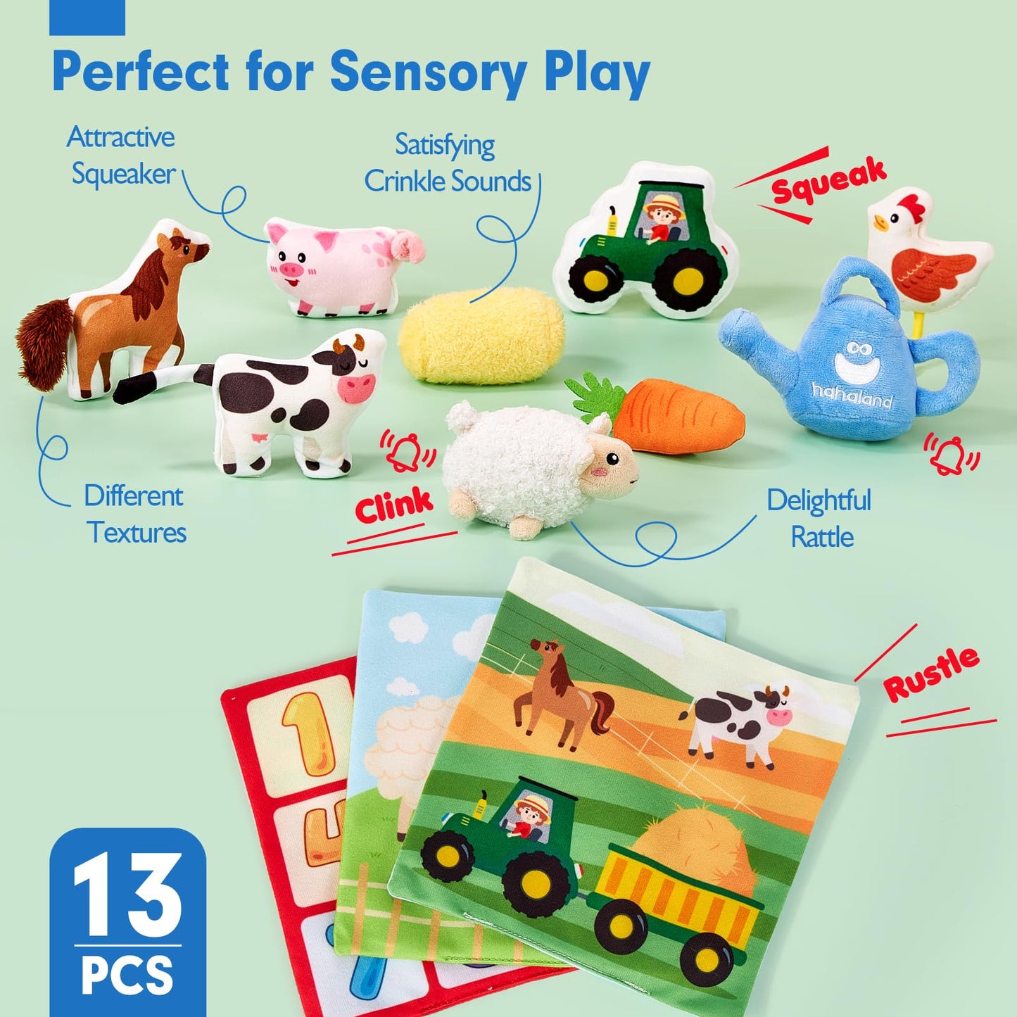 hahaland Baby Toys 6-12 Months - 13Pcs Surprise Developmental Box with Stuffed Farm Animals, Rattle, Crinkle Tissue, Squeaker, Mirror, Soft Activity Sensory Toy Montessori Toy for Babies