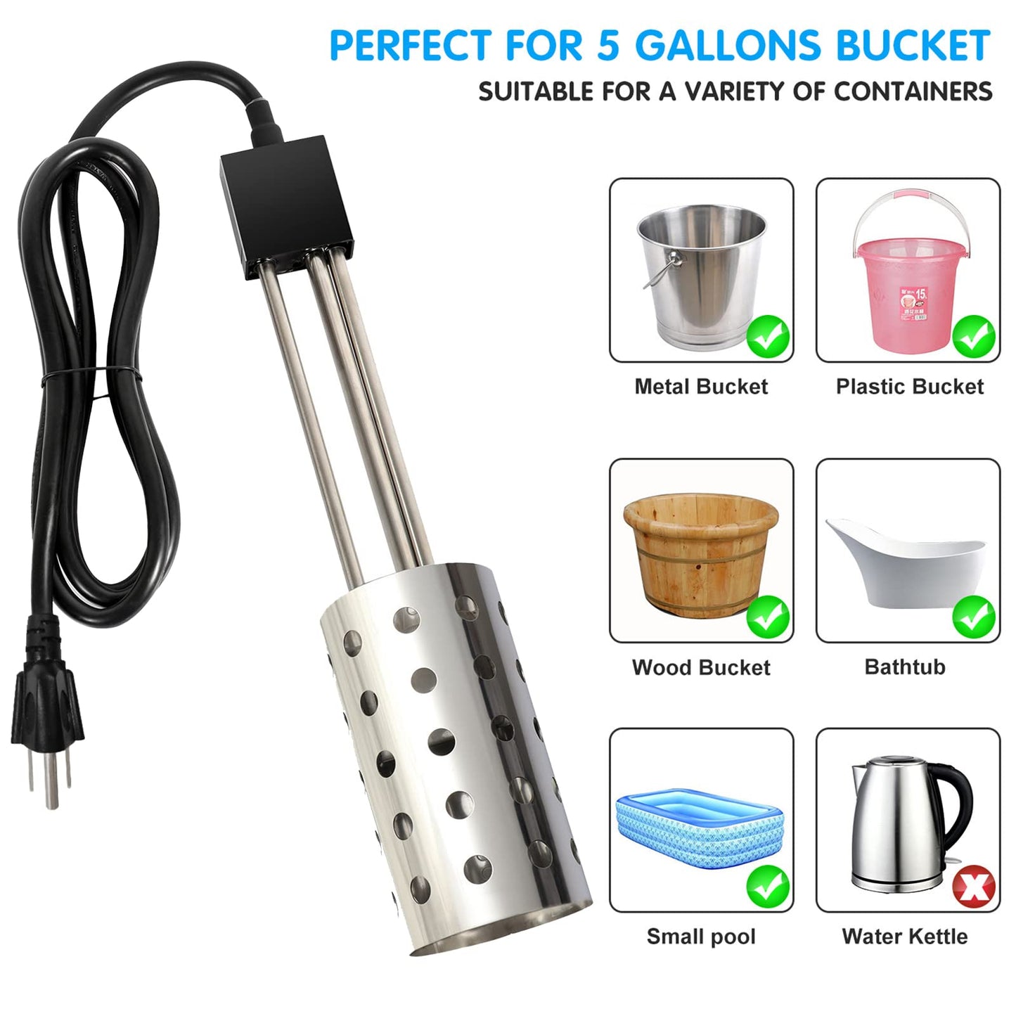 1500W UL-Listed Bucket Heater, Rust Proof Built in Temperature Controller Immersion Water Heater, Heats 5 Gallons of Water in Minutes with Auto Shutoff, for Home Outdoor Camping and Winter Job