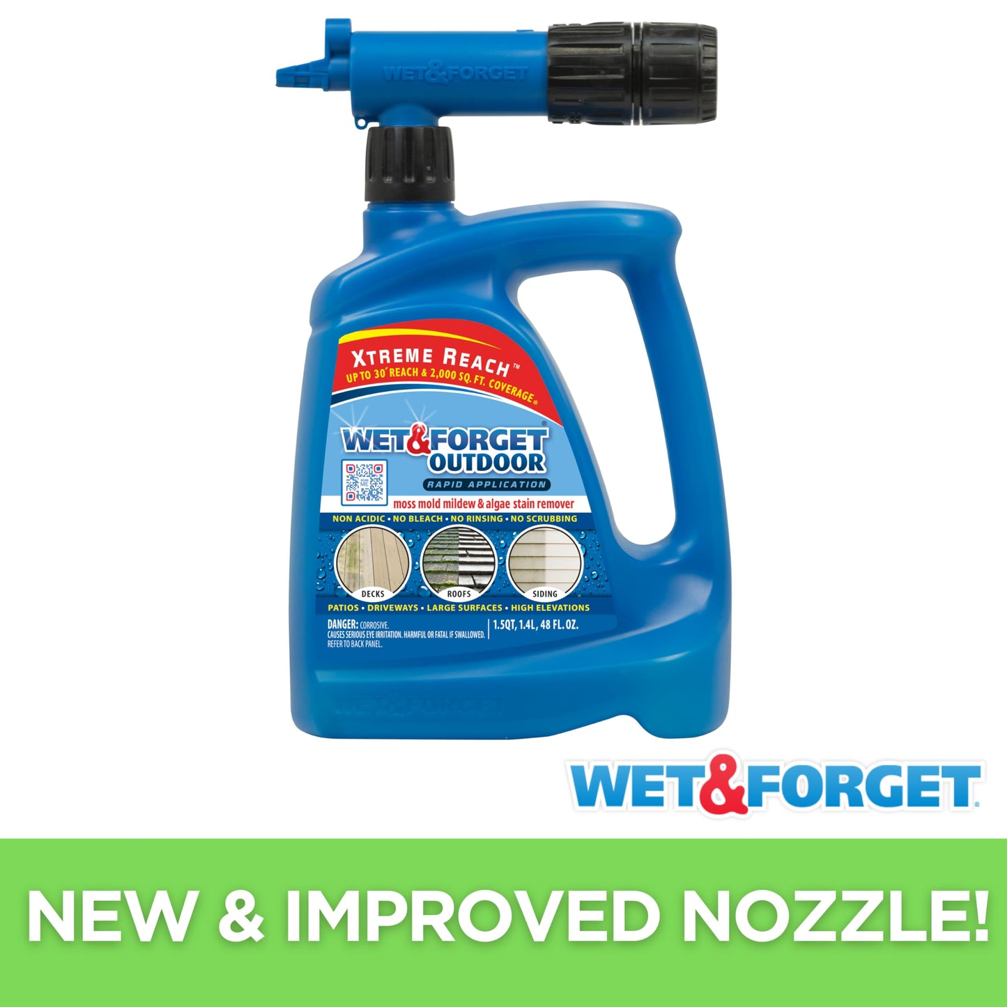 Wet & Forget Outdoor Stain Remover Multi-Surface Cleaner, Xtreme Reach Hose End with New & Improved Nozzle, 48 Fluid Ounces, 1 Pack + Refill