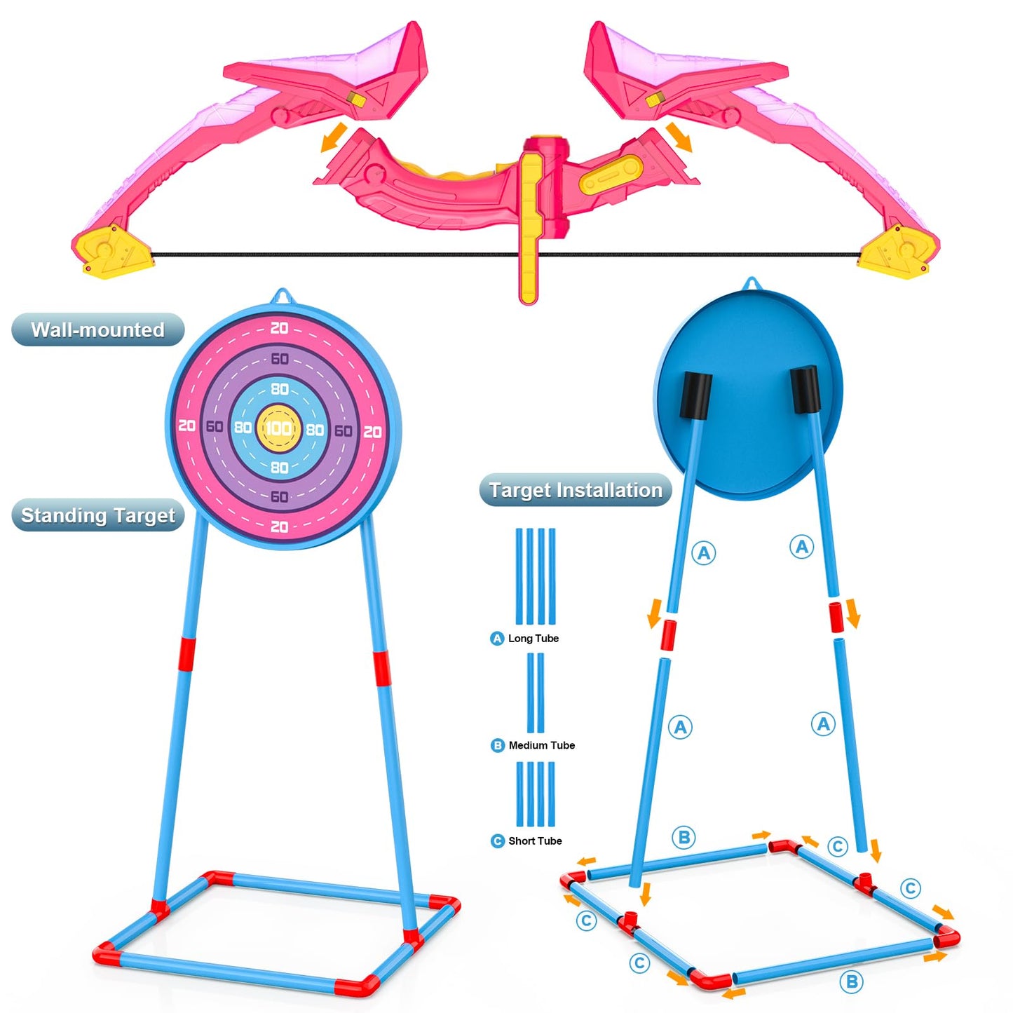 2 Pack Kids Bow and Arrow Set, Pink Light Up Archery Toy Set, 2 Foam Dart Blaster & 6 Target Cans Toys for Ages 5-7, Kids Indoor Outdoor Birthday Gifts Ideas for Boys Girls 4 5 6 7 8 9 10 Year Old