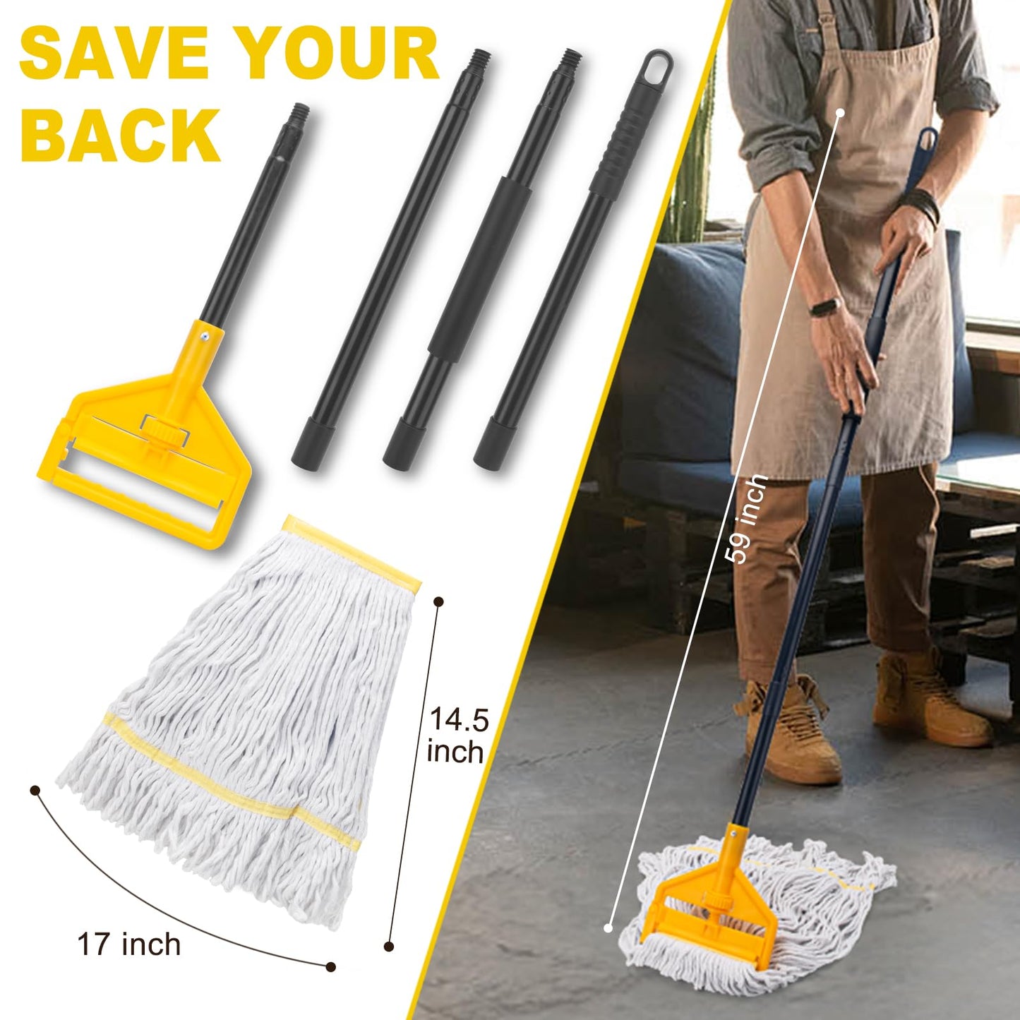 KeFanta 2 Pack Commercial Mop Heavy Duty Industrial Mops,60 inch Long Handle with Looped-End String Cotton Wet Mop Head Replacement for House,Kitchen,Laminate,Tile,Vinyl,Hardwood Floor Cleaning