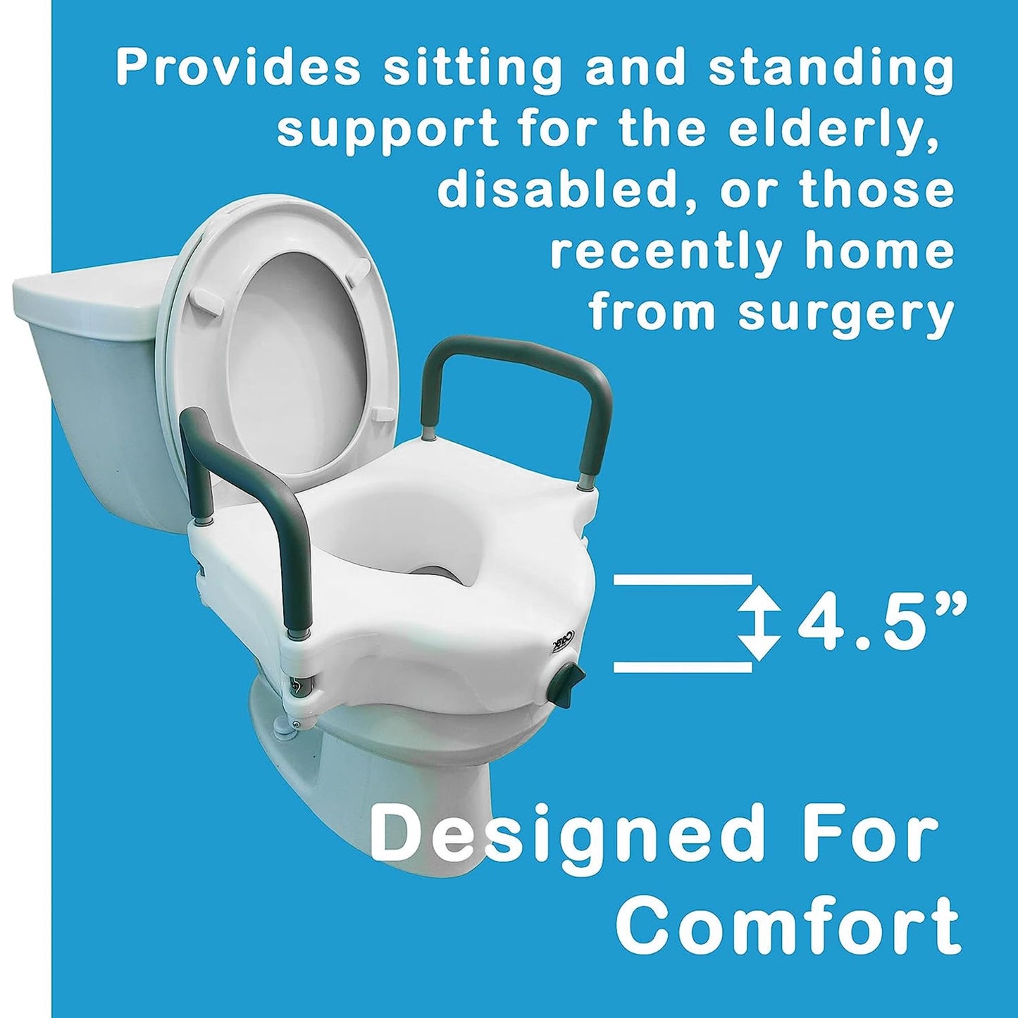 ProBasics E-Z Lock Raised Toilet Seat with Handles, 4.5" Toilet Seat Riser with Arms, Fits Most Elongated and Round Toilets, Handicap Toilet Seat, Elevated Toilet Seat, Handicap Toilet Seat - White