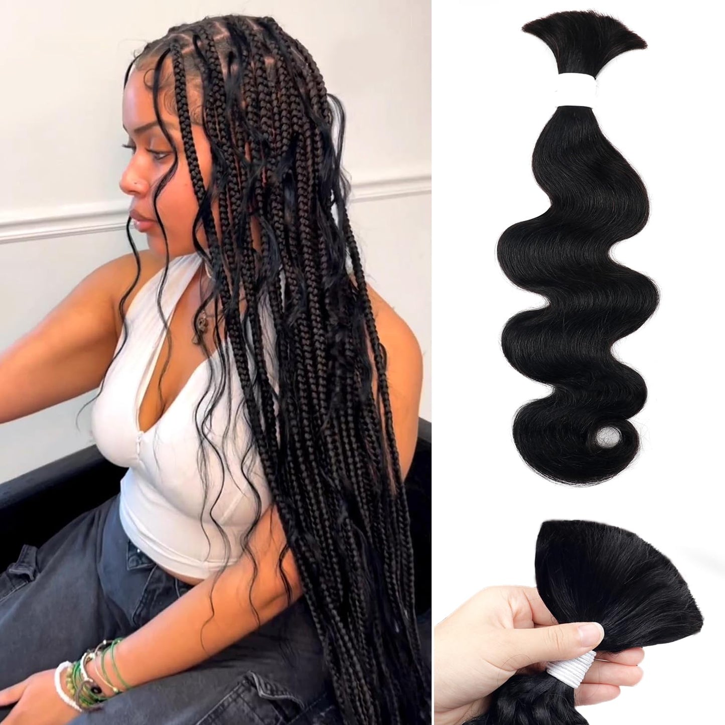 Liqusee Human Braiding Hair 100g One Bundle/Pack 22 Inch Natural Black Body Wave Curly Bulk Human Hair for Braiding No Weft 100% Unprocessed Brazilian Human Hair Braiding Hair for Boho Braids