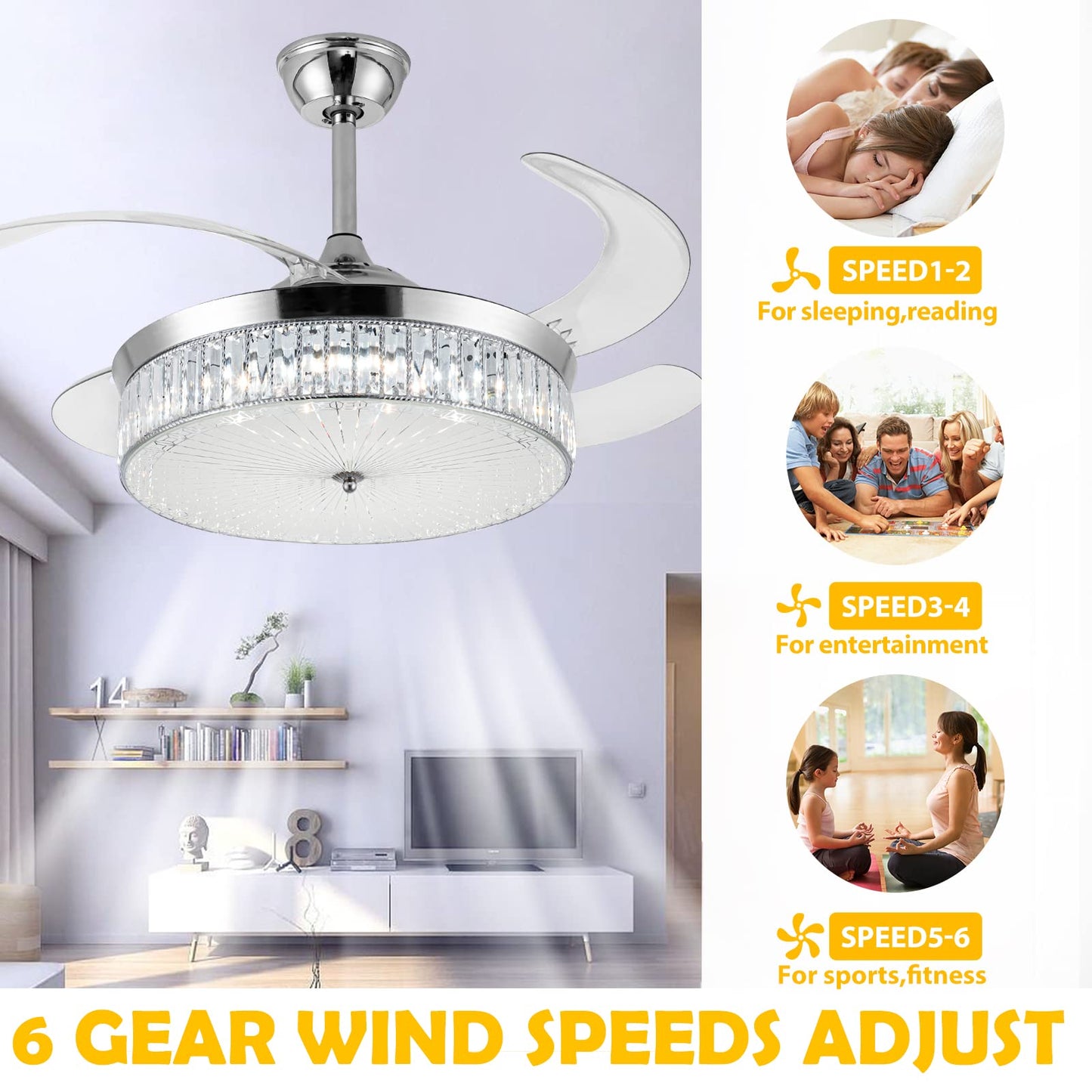 42" Invisible Ceiling Fan Chandelier Light,Modern Crystal Ceiling Fan Light Remote Control 4 Retractable ABS Blades for Bedroom Living Room Dining Room Decoration (Style D)